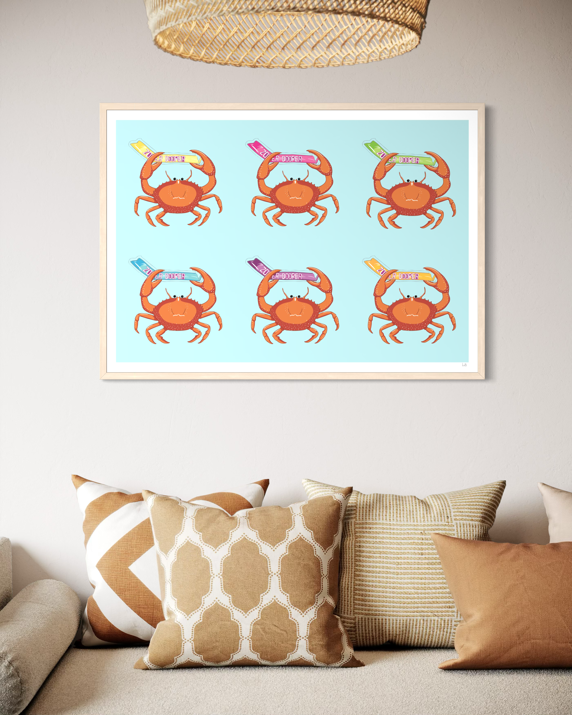 Hazel was here colourful art print of six crabs snipping open zooper dooper icypoles.