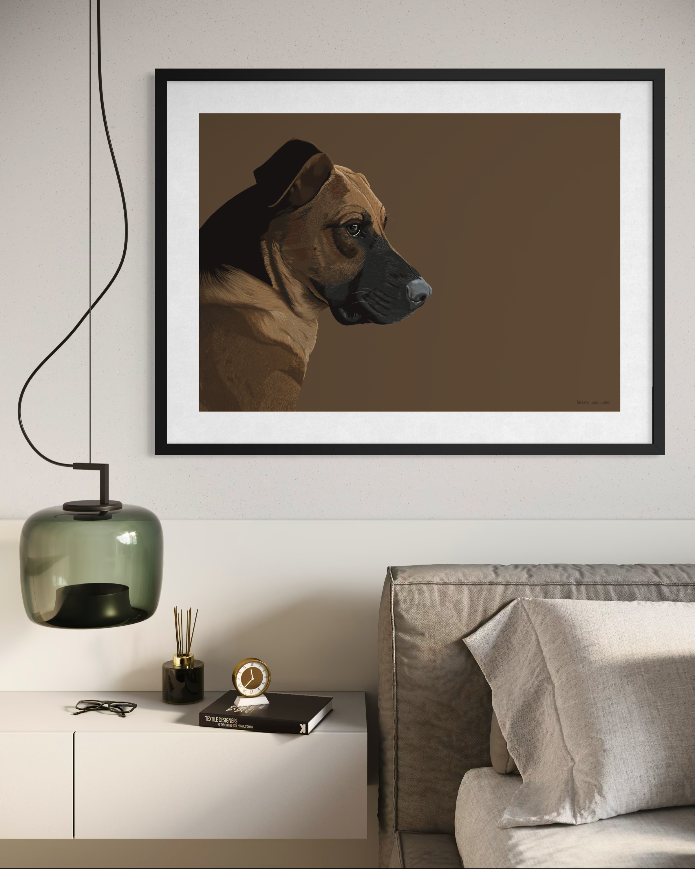 Framed portrait of large brown dog looking pensive by Lisa van Beeck.