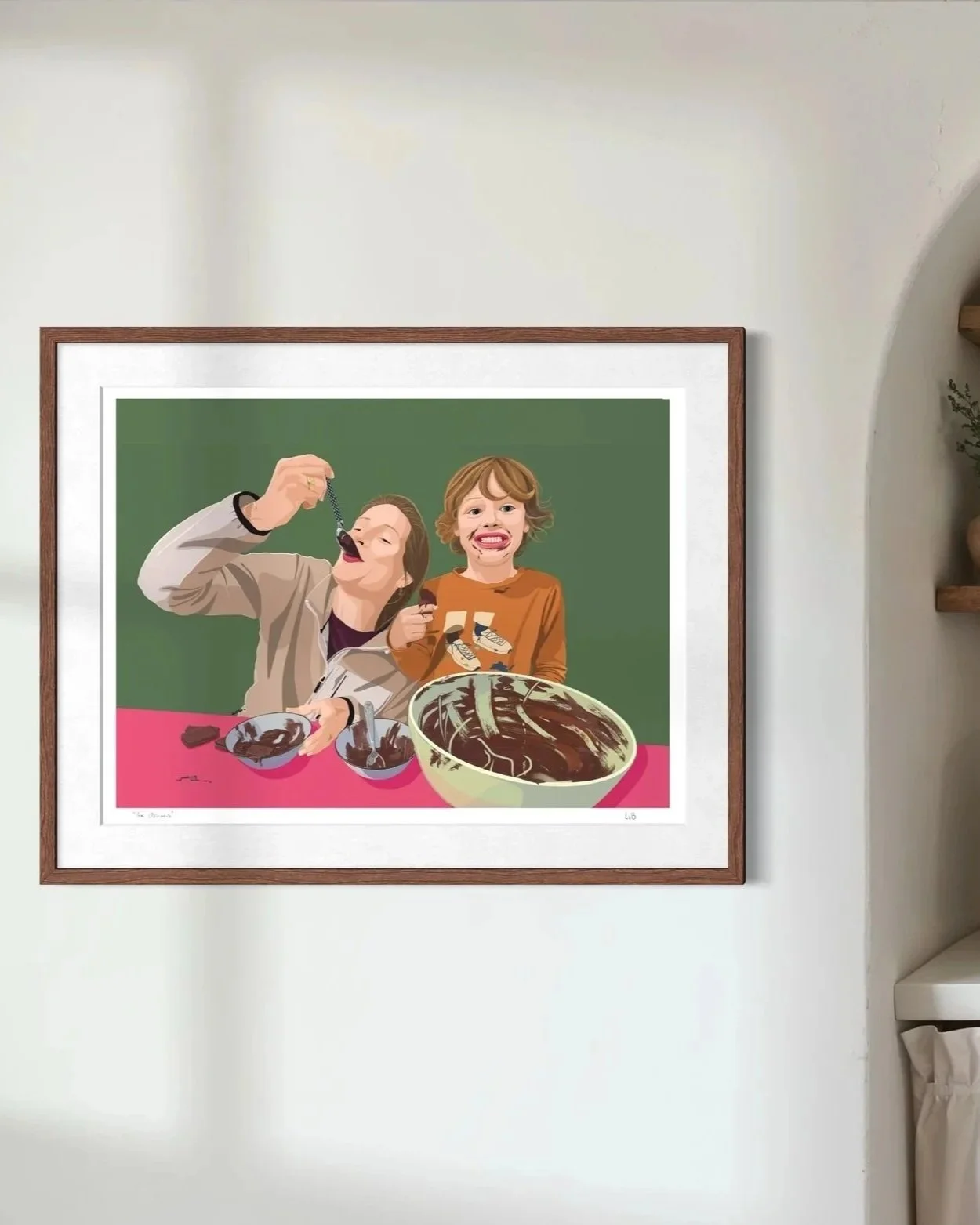 Hazel was here art print of a mum and her young son enjoying a huge bowl of chocolate pudding.