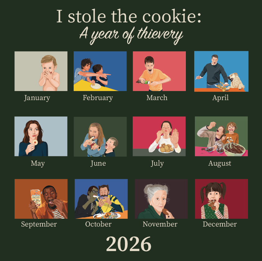12 images showing the cookie thief art for each calendar month
