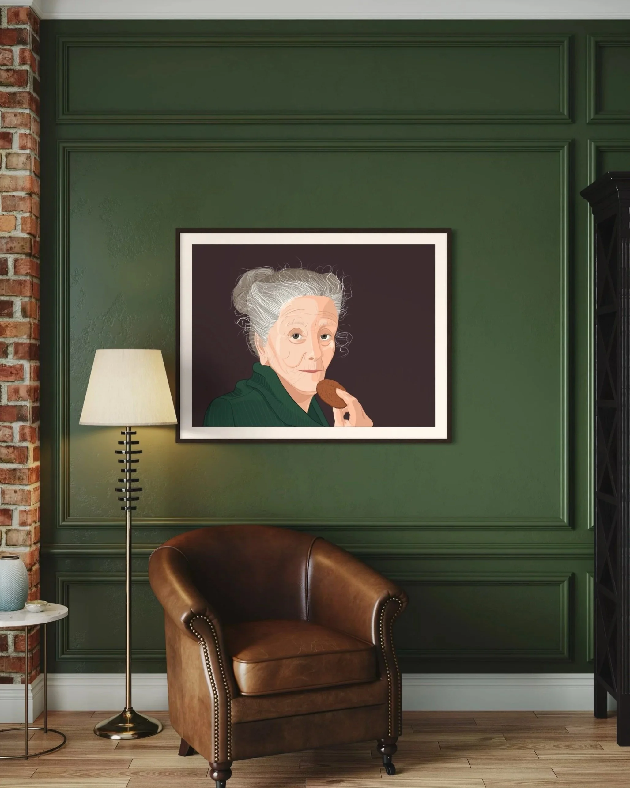 Hazel was here art print of a grandma enjoying a chocolate biscuit.