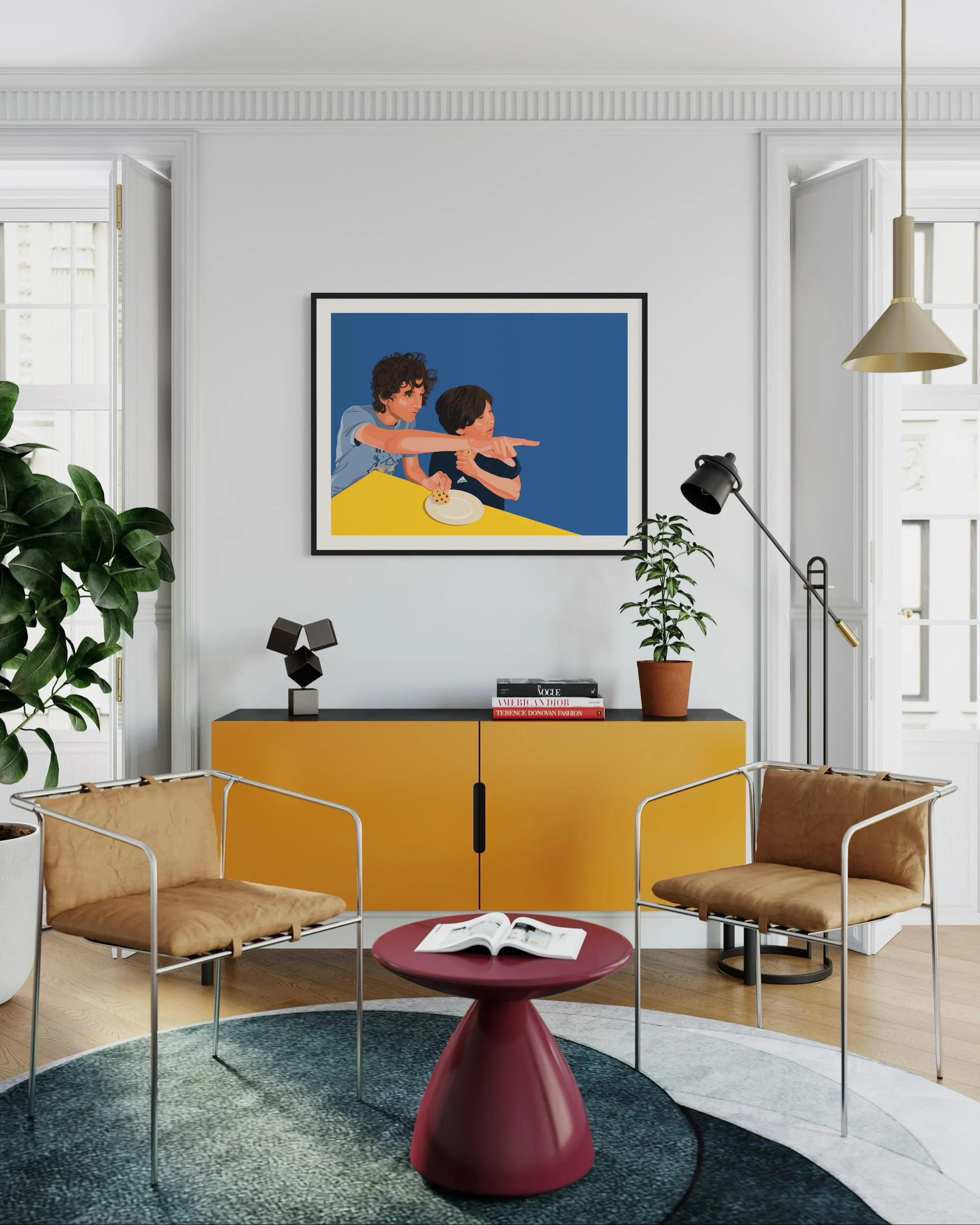 Hazel was here print of teenage brothers eating chocolate chip cookies.