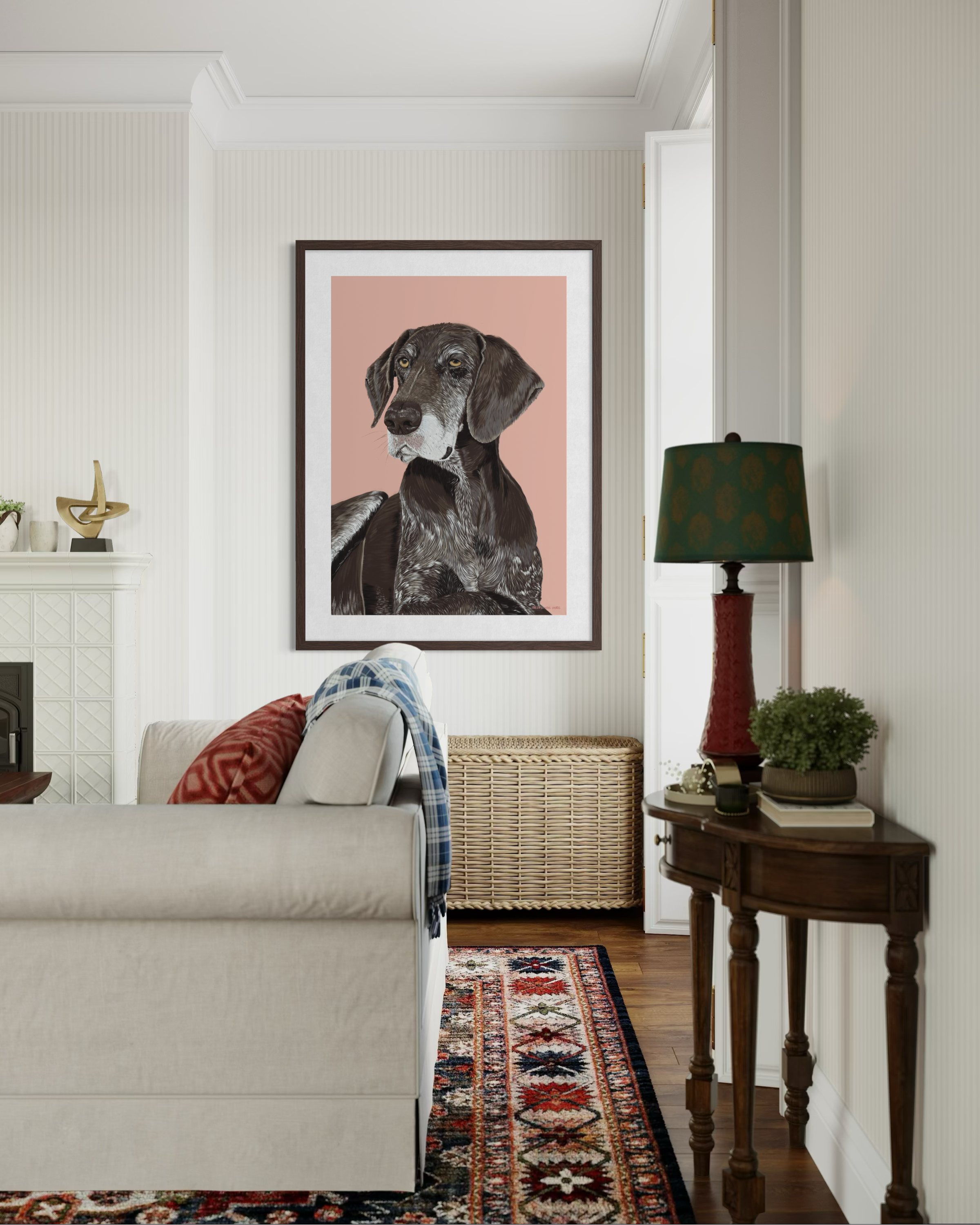 Large portrait of brown german short-haired pointer with a pink background by Lisa van Beeck.