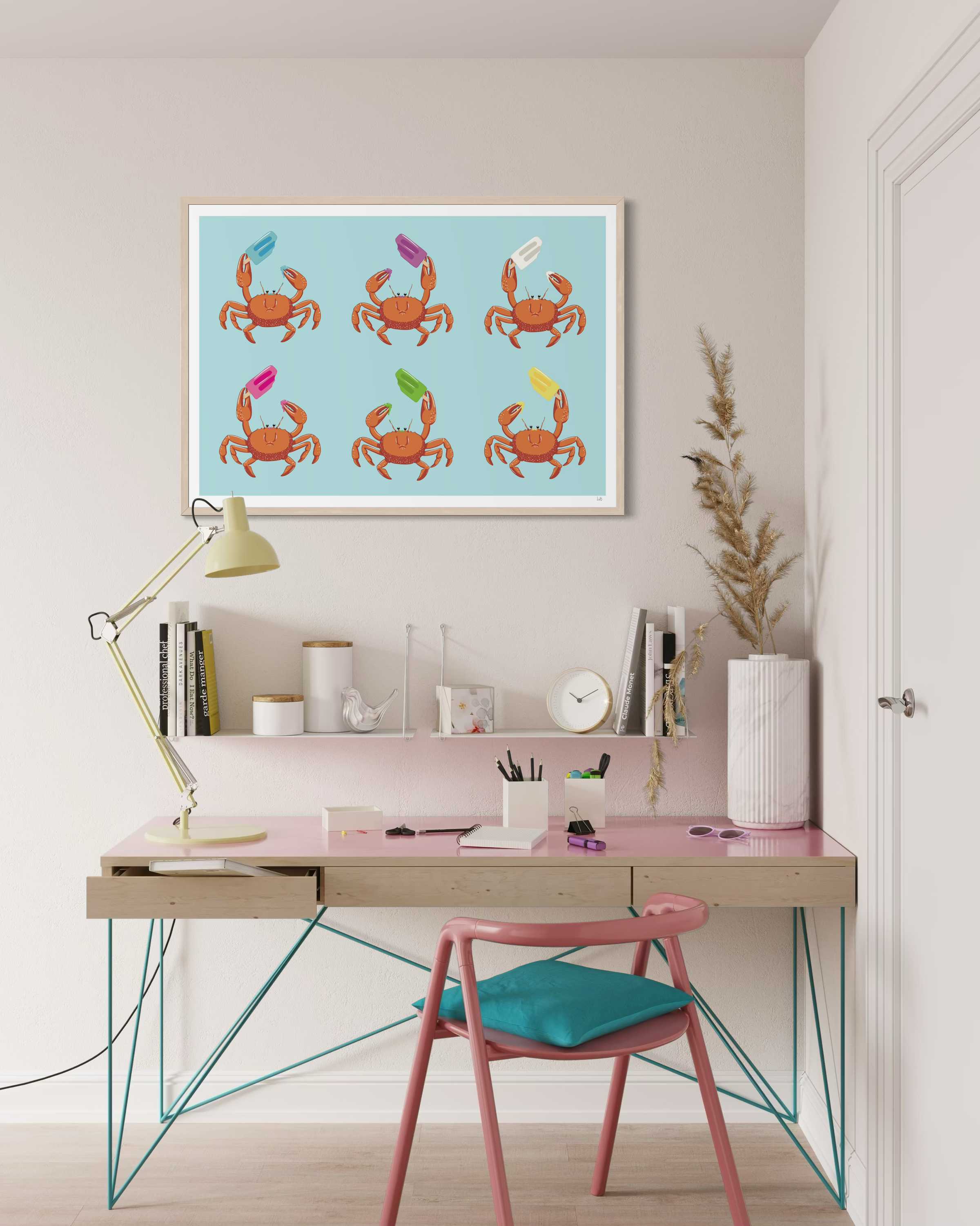 Hazel was here art print of six orange crabs on a blue background with brightly coloured ice creams on a stick.