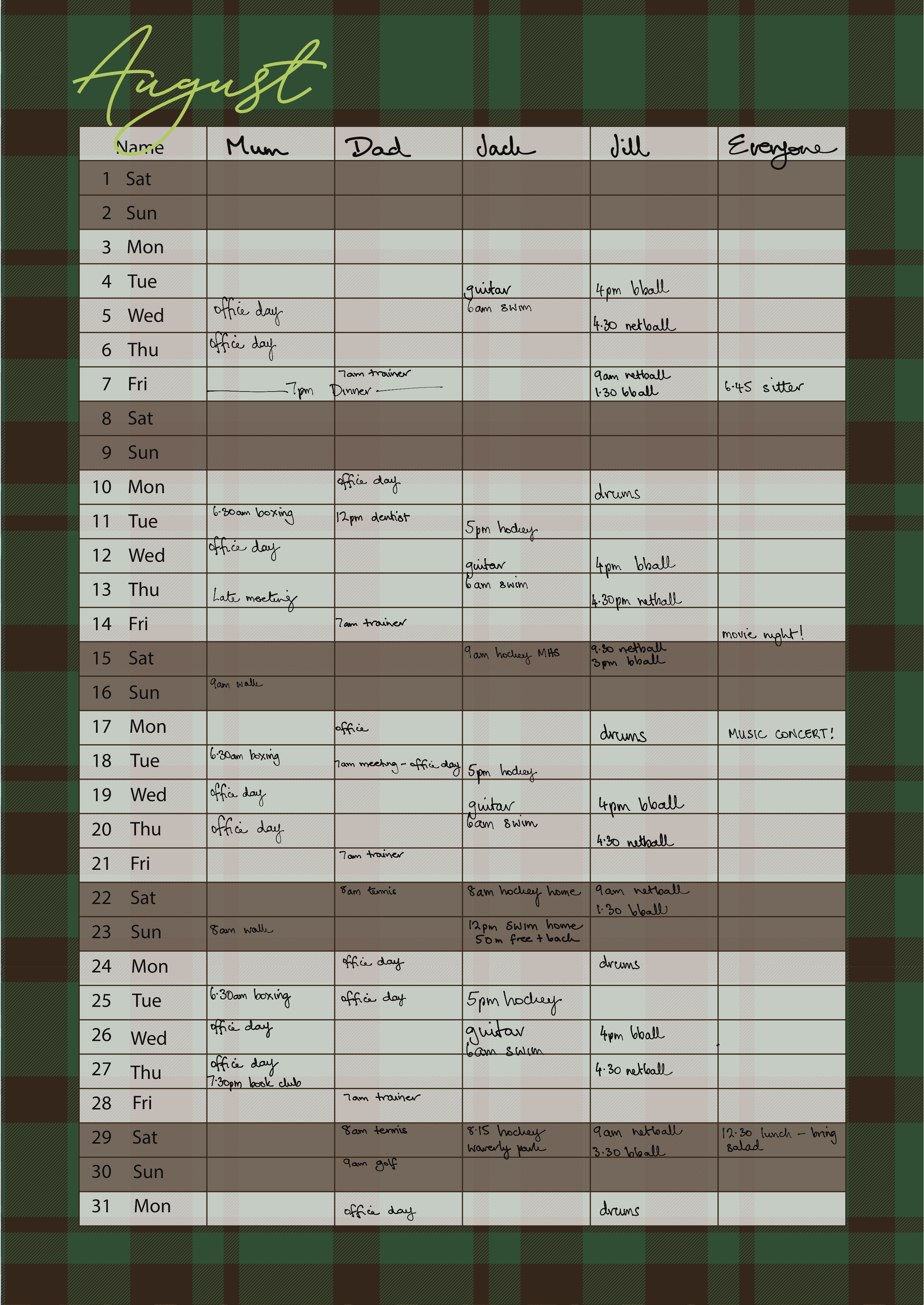 Image of August calendar page with columns labeled for mum, dad, Jack, Jill and everyone. Appointments and activities are listed on specific dates in the columns as examples of how to use the calendar