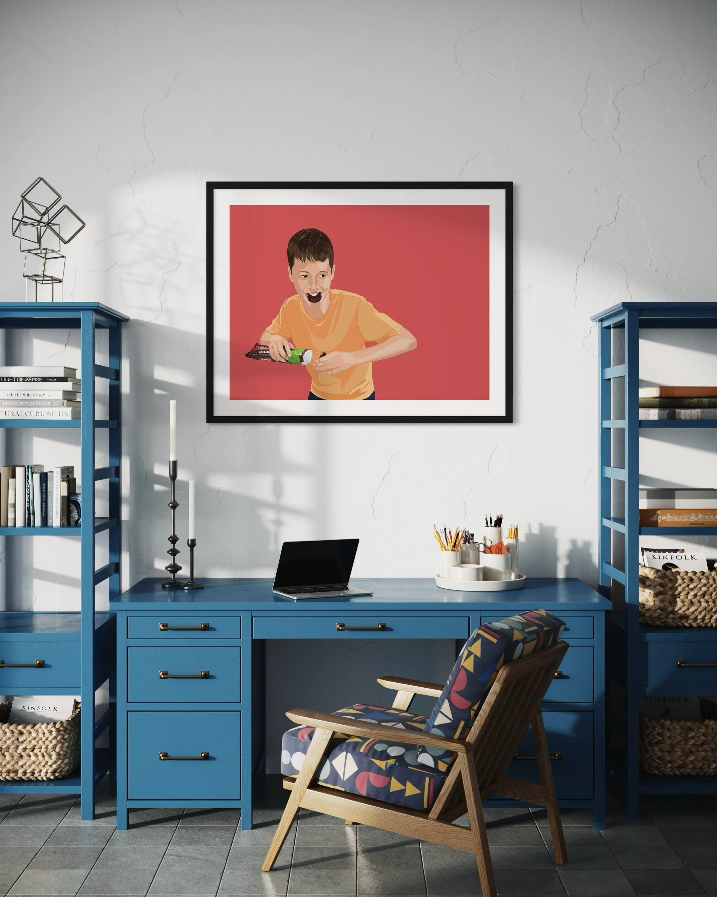 Hazel was here art print of a teenage boy eating chocolate mint biscuits from the packet.