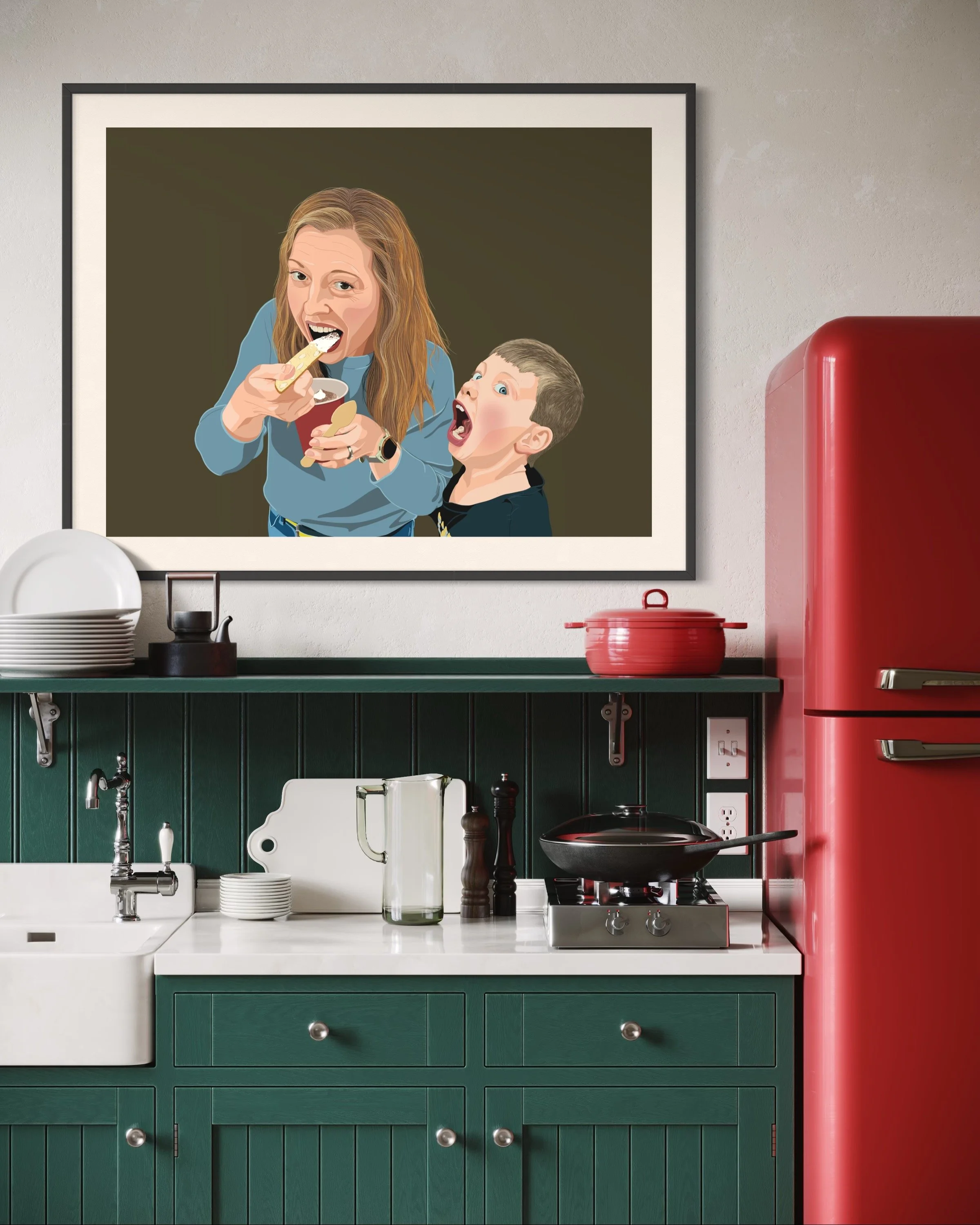 Hazel was here art print of a mother stealing a biscotti from her son and dunking it in her coffee.