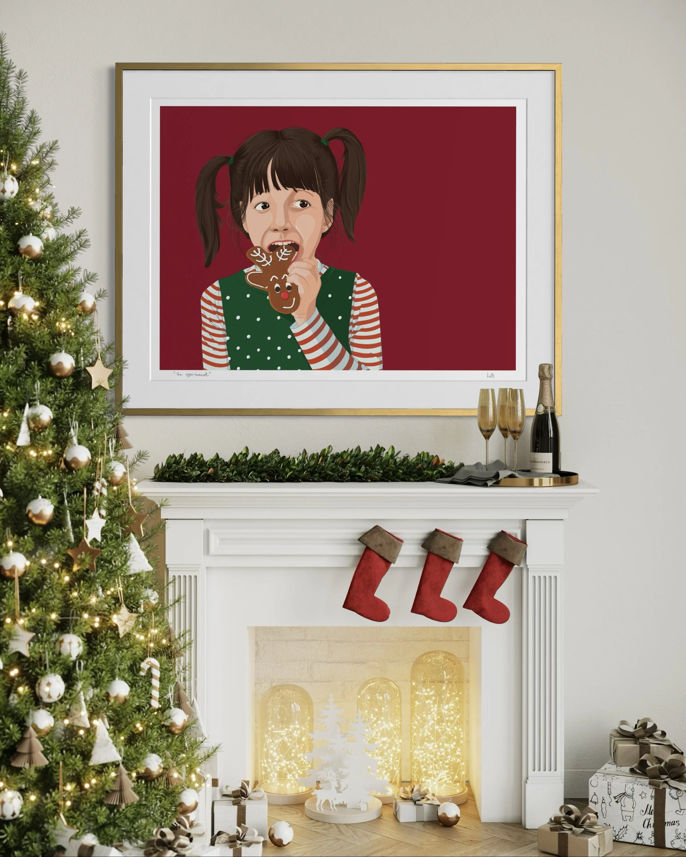 Hazel was here art print of a little girl eating a reindeer gingerbread cookie.