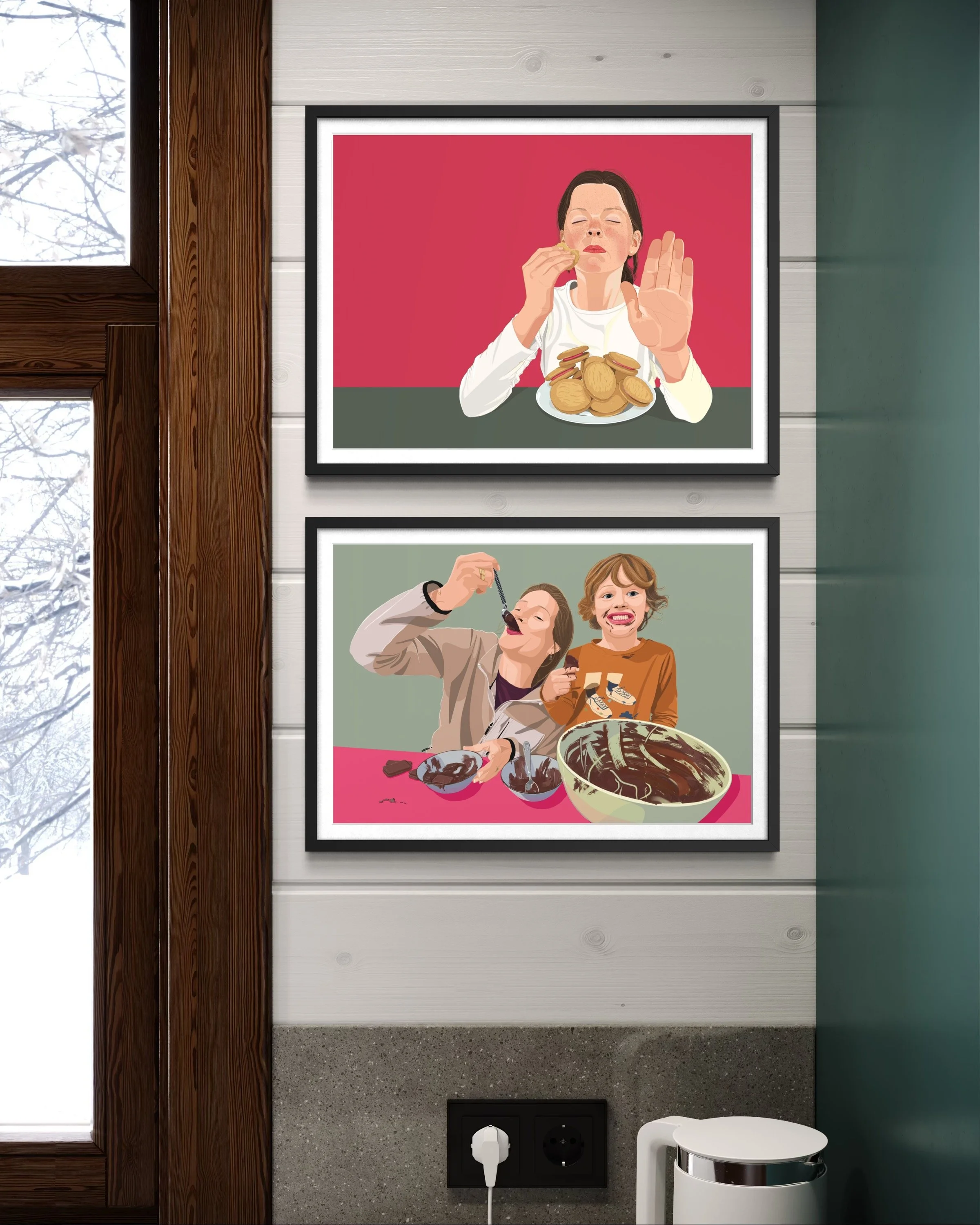 Two framed illustrations of women enjoying cookies and chocolate desserts on a wall next to a window.