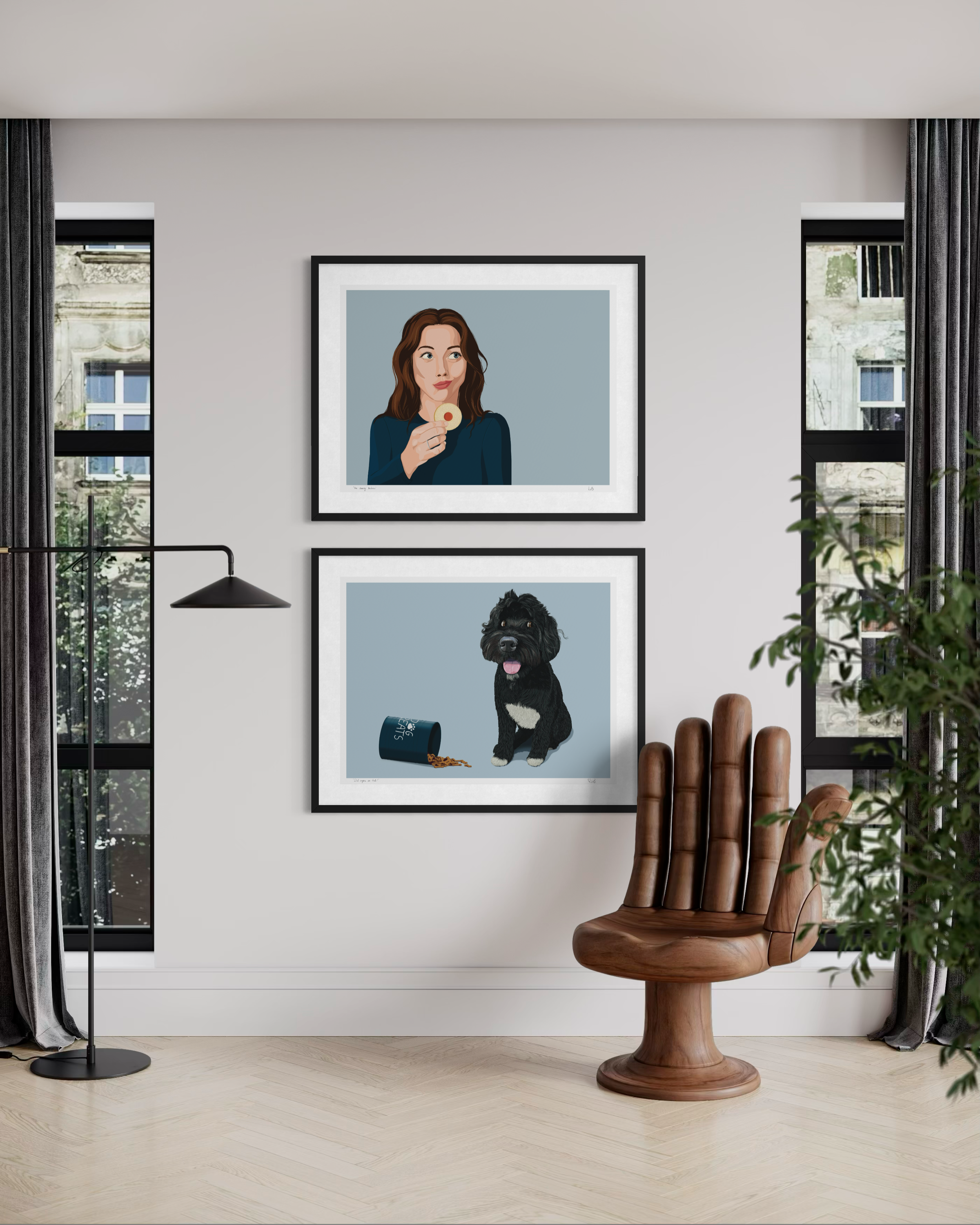 Living room with framed dog and woman portrait on the wall, brown wooden chair, black floor lamp, two windows with dark curtains, and plants.