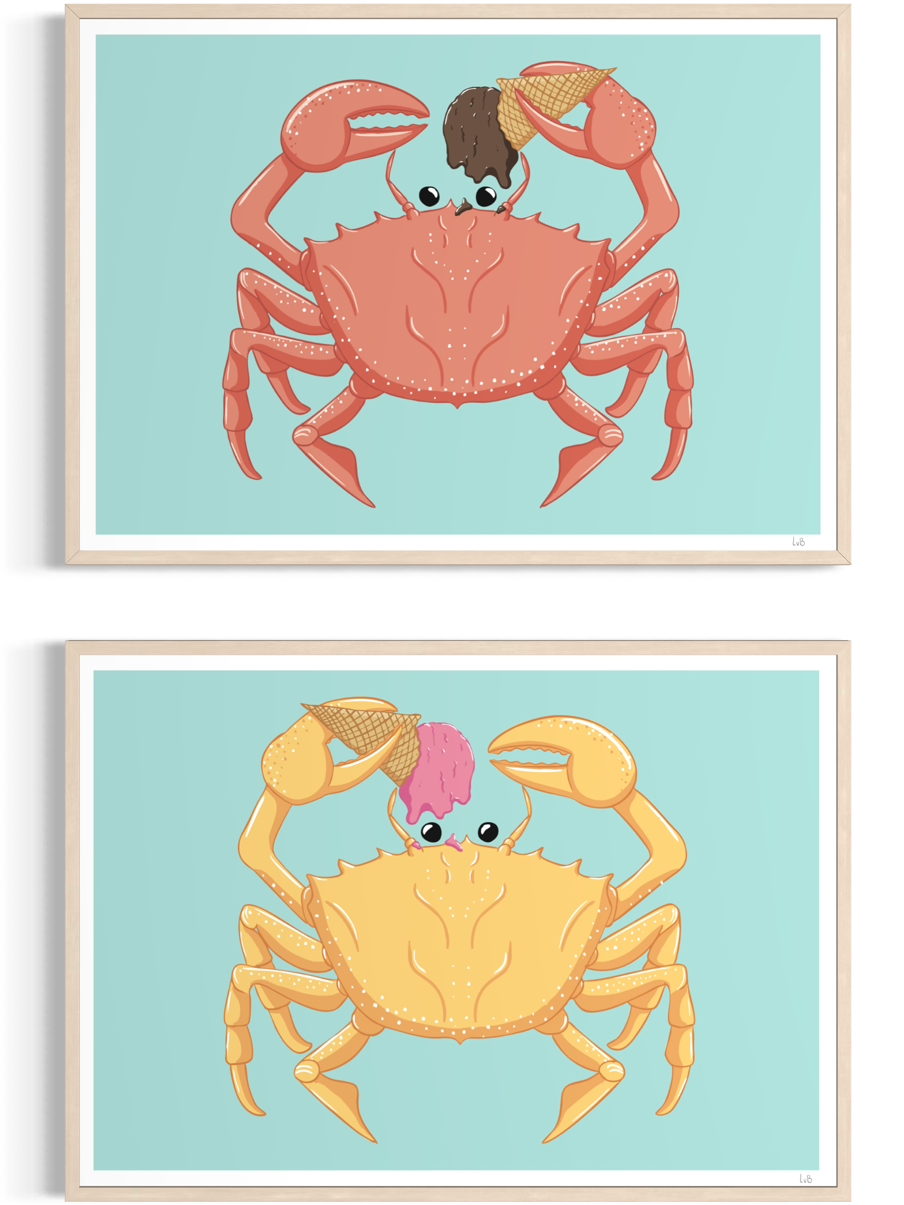 Hazel was here art prints on brightly coloured crabs eating chocolate and strawberry ice cream cones.