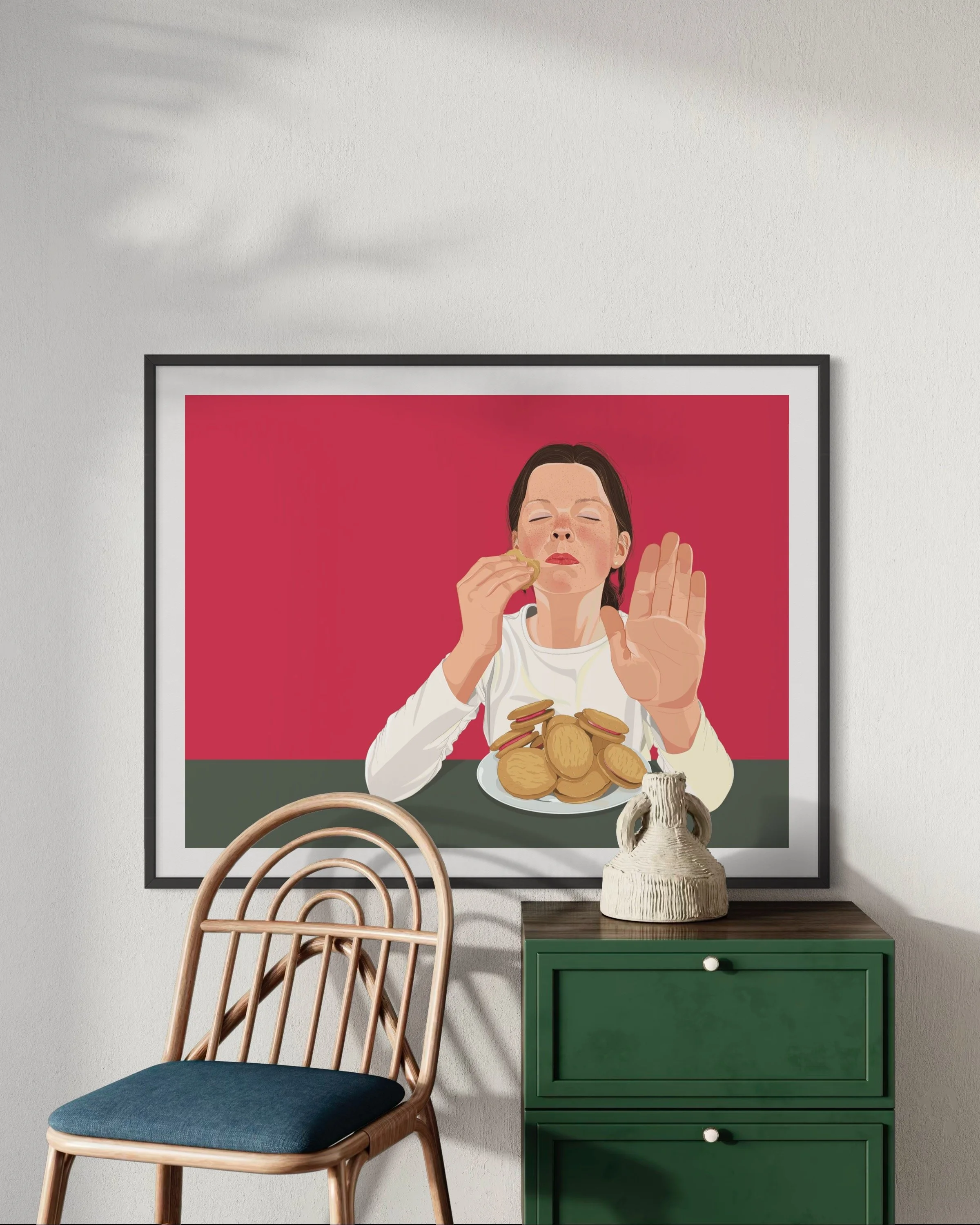 Hazel was here art print of a young girl eating a cookie and put her hand up to stop others from eating them too.