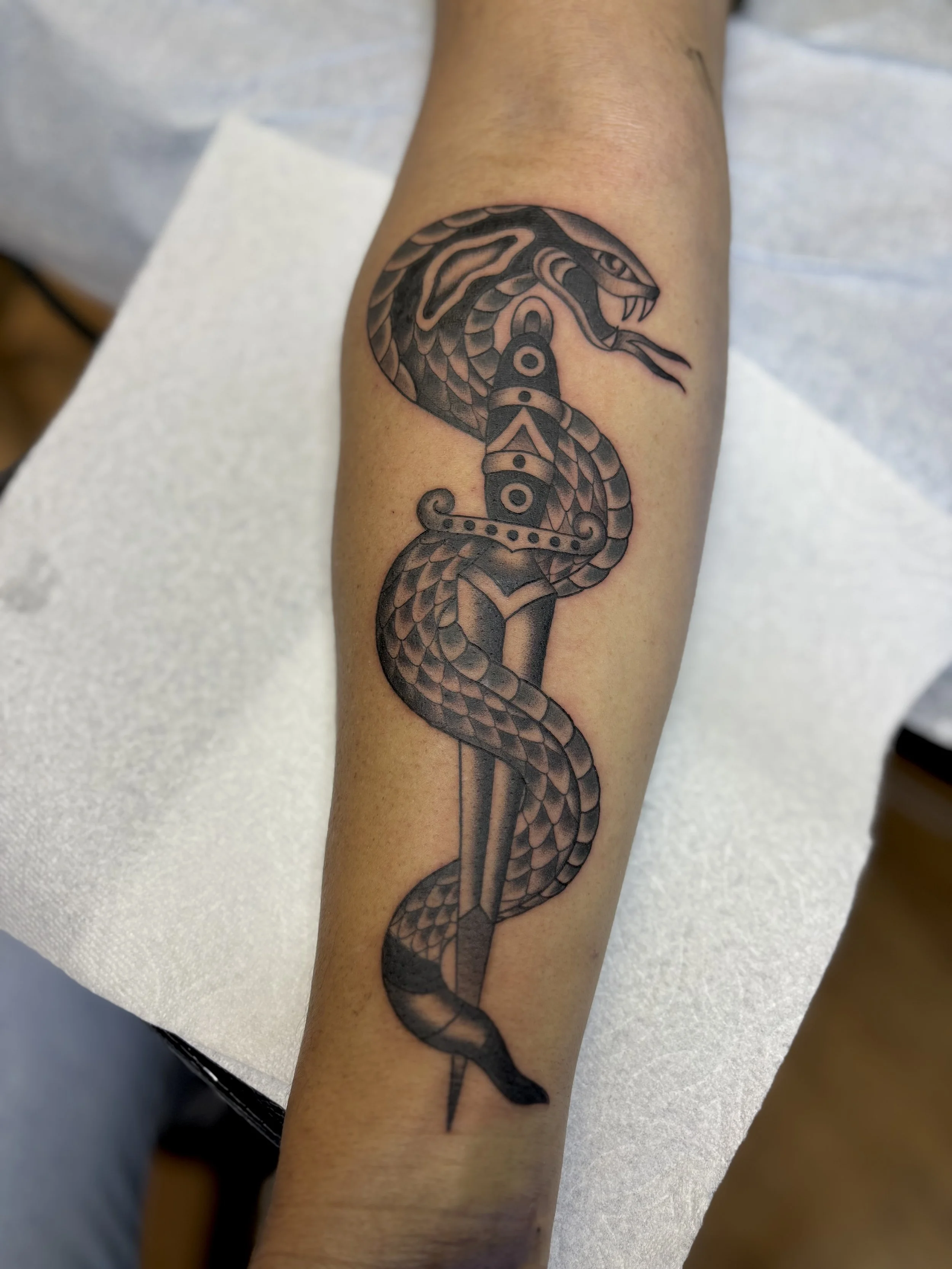 Black and gray tattoo of a snake wrapping around a dagger on a person's forearm.