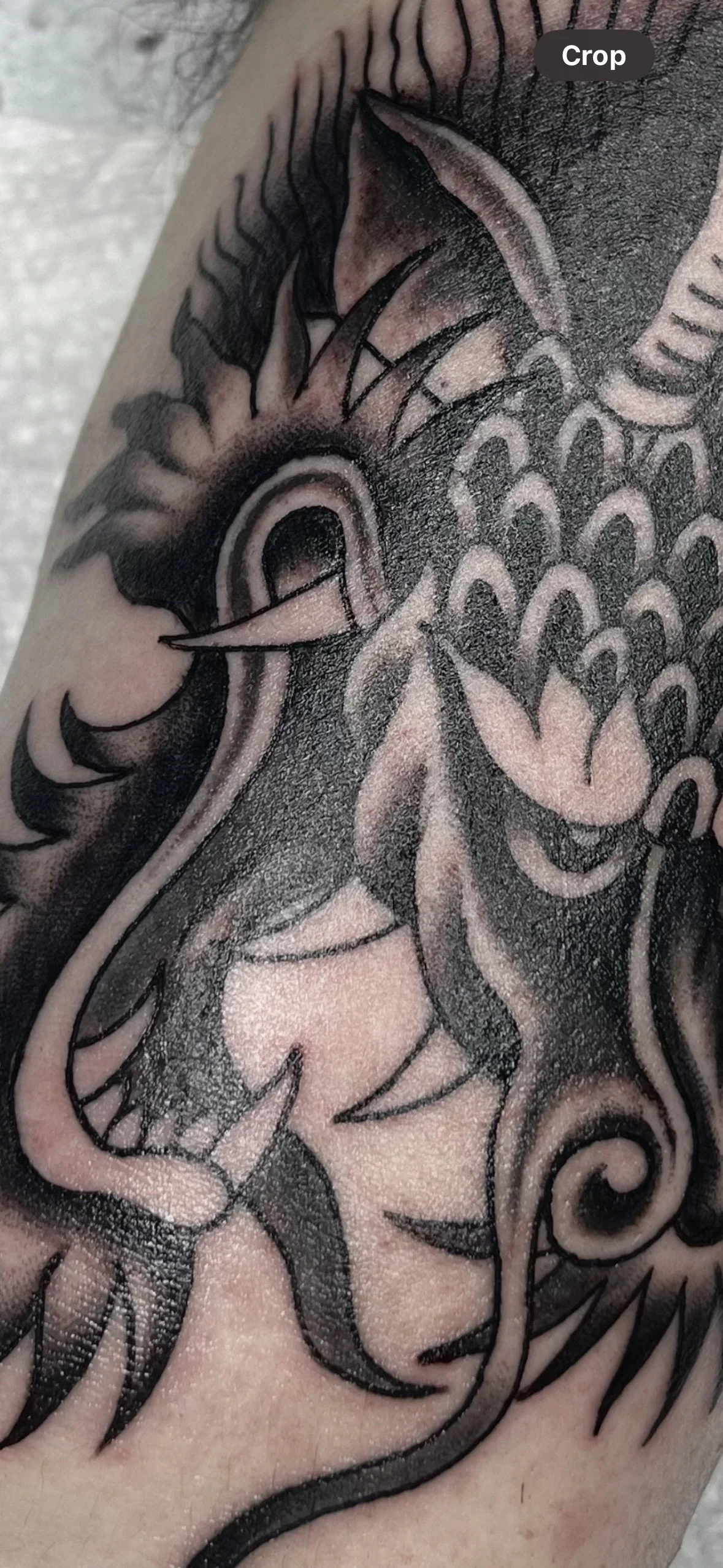 A black and gray tattoo featuring a mythological creature, possibly a dragon, with intricate details and shading.