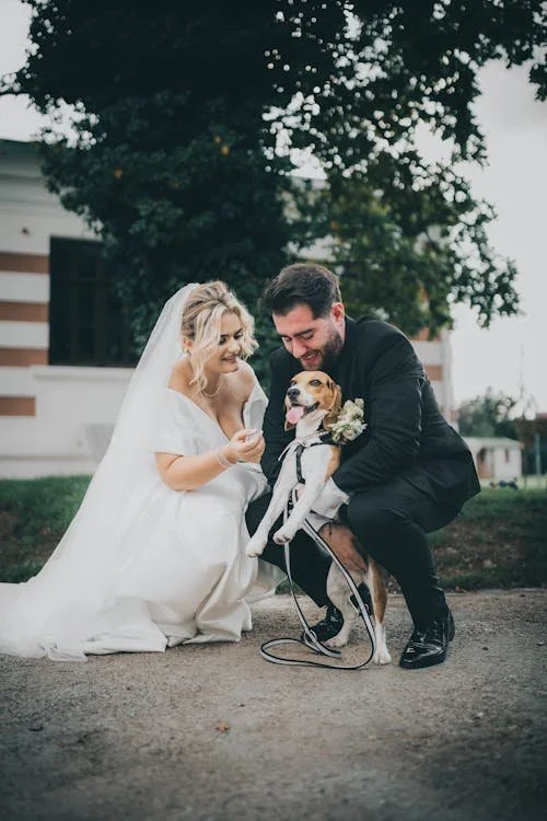 Bride and groom kneeling with a dog dressed in a tuxedo in a garden setting.