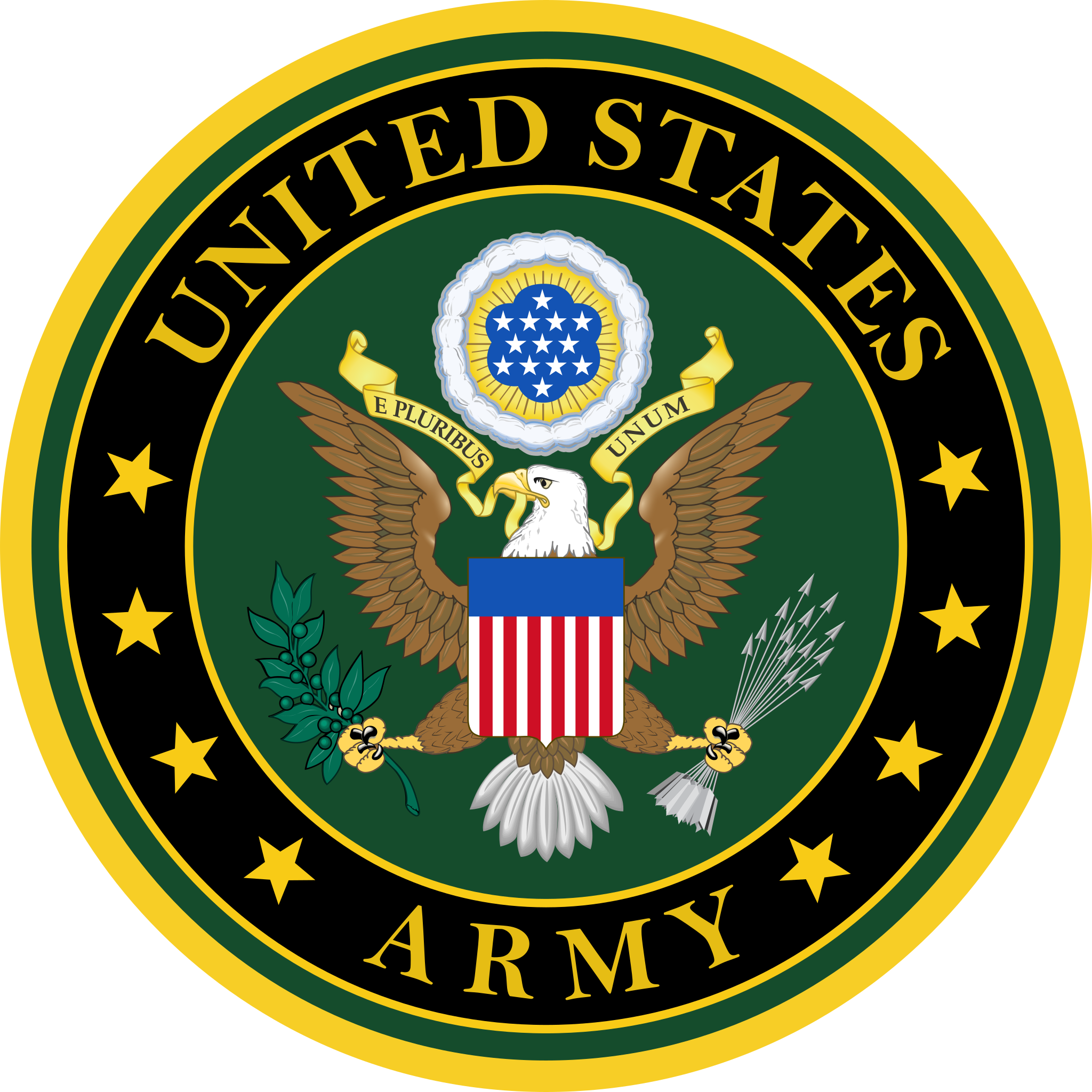 Official emblem of the United States Army featuring a bald eagle, shield, olive branch, and arrows, with the words 'United States Army' and the motto 'E Pluribus Unum'.