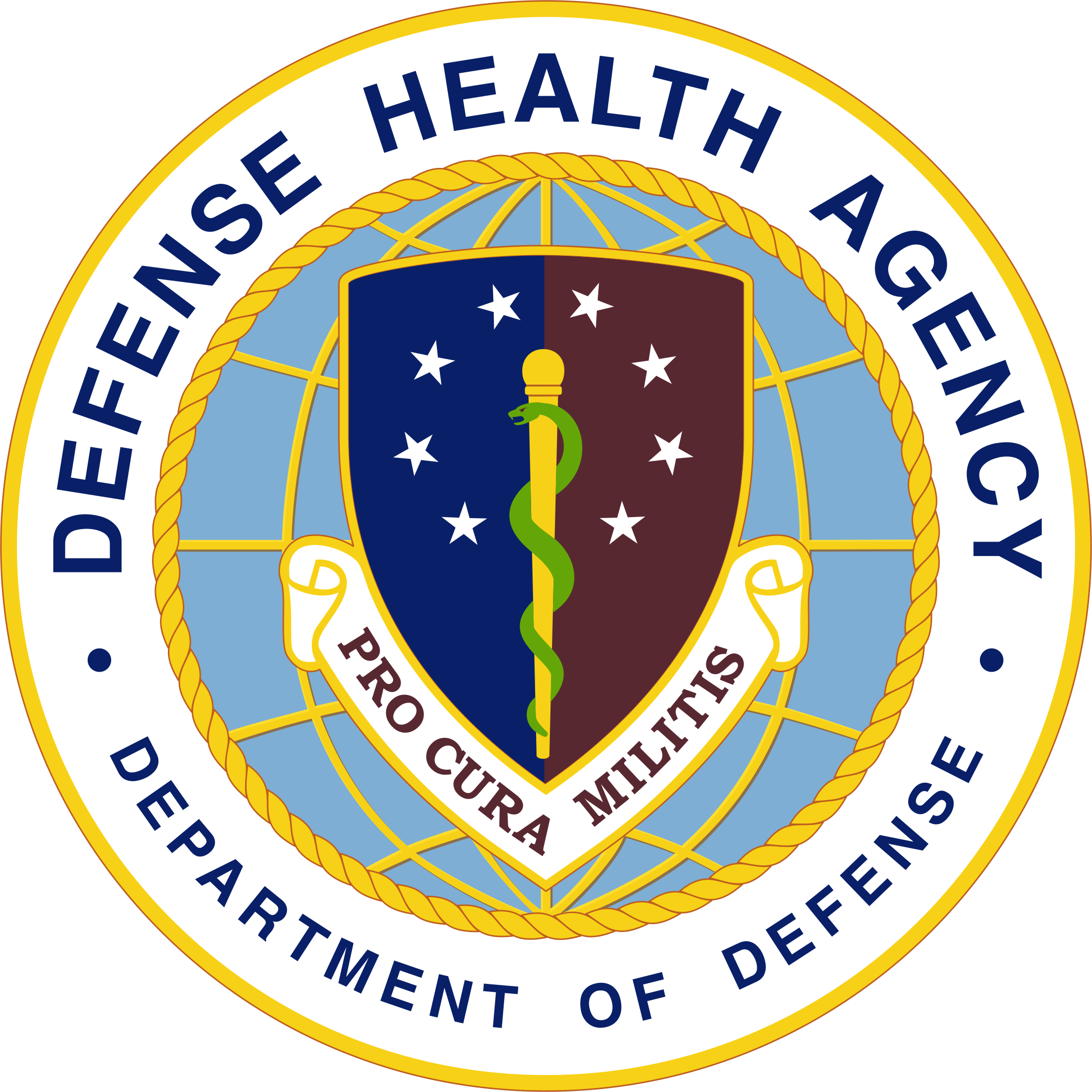United States Department of Defense Emergency Management Agency emblem featuring a shield with a caduceus and a background of a globe, surrounded by a blue and white circular border with the text 'Defense Health Agency' and 'Department of Defense'.