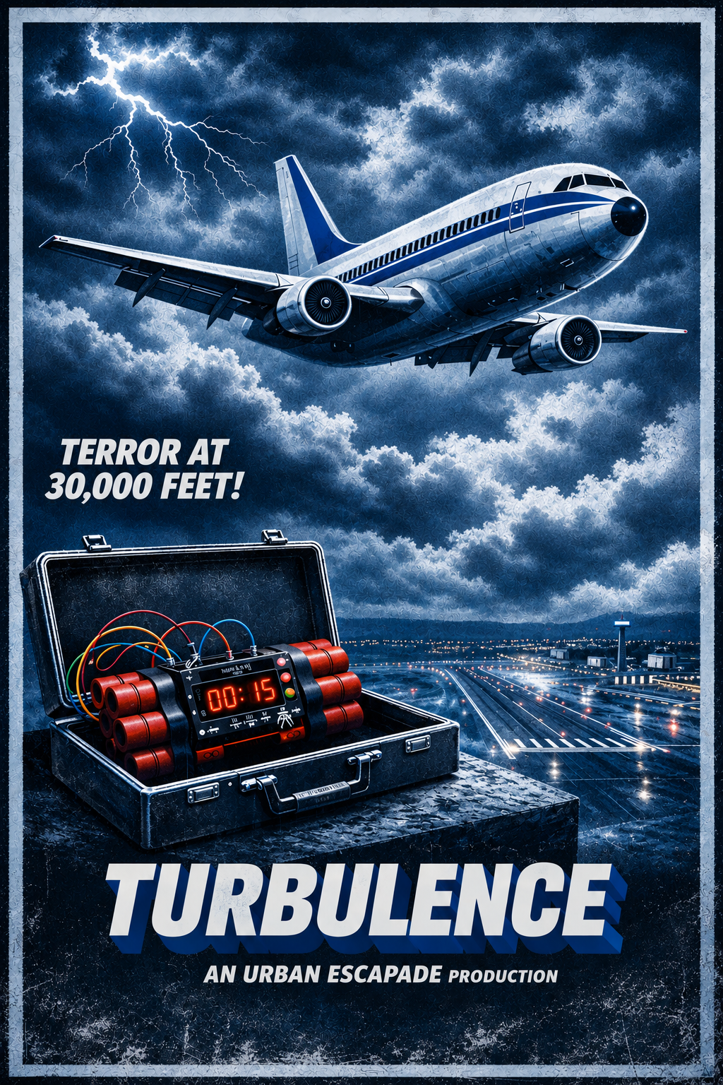 Seventies style movie poster for air airline thriller escape room called Turbulence - shows an illustrated plane in a stormy sky with a ticking bomb in the foreground and a coming soon message