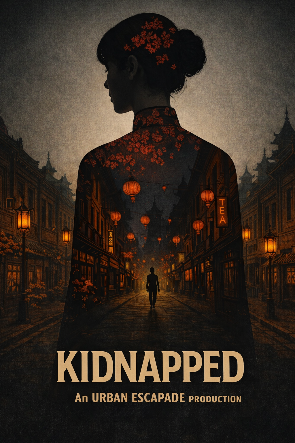 Artistic poster of beautiful young Chinese woman silhouette with a painterly night time setting of a mysterious Chinatown alley with red lanterns and flowers and the title for our Escape room adventure - Kidnapped