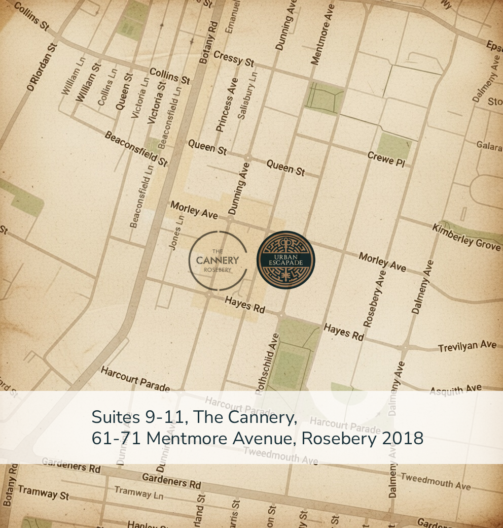 A sepia-toned map of the local area highlighting to location of Urban Escapade escape room with The Cannery, Rosebery