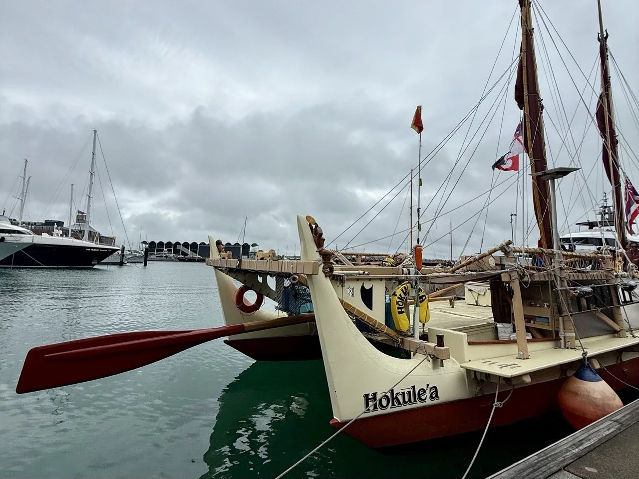 The Hōkūle'a docked in Aotearoa on it's Moananuiākea voyage