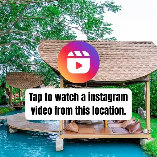 A photo of a poolside gazebo with trees around, an overlay of the Instagram logo, and text prompting viewers to tap to watch an Instagram video from the location.