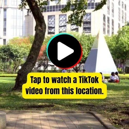 Park scene with trees, grassy area, and buildings in background. Yellow text overlay says, "Tap to watch a TikTok video from this location."