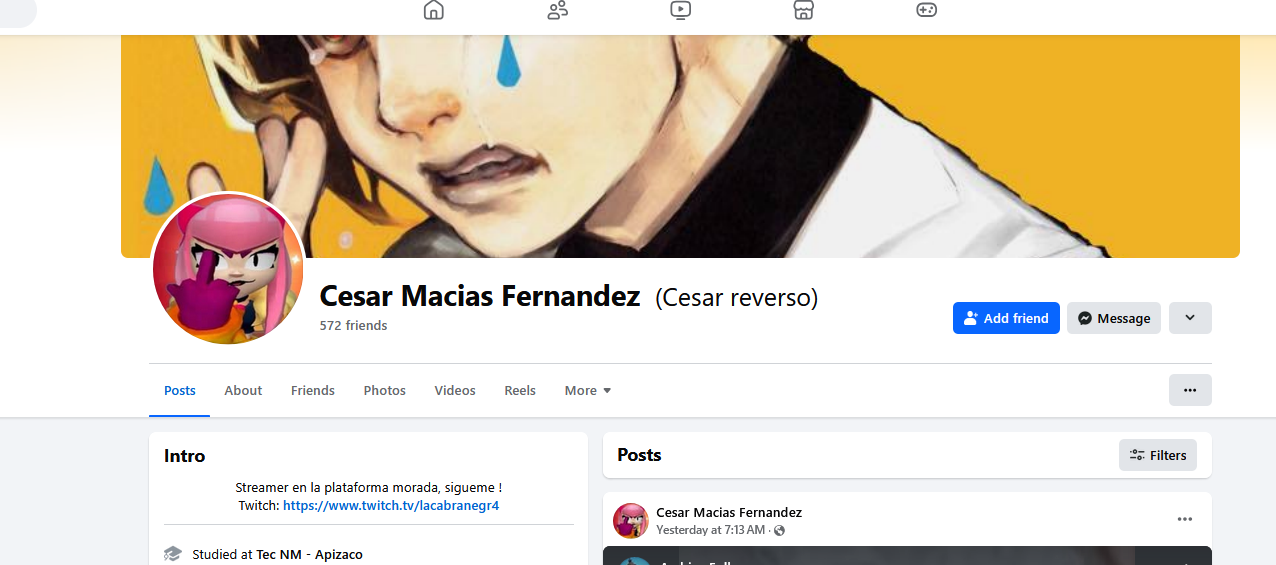 Facebook profile page featuring a cartoon avatar. The cover photo includes an illustration of a character with tears and a yellow background. The profile belongs to Cesar Macias Fernandez, with options to add as a friend or message. The intro mention