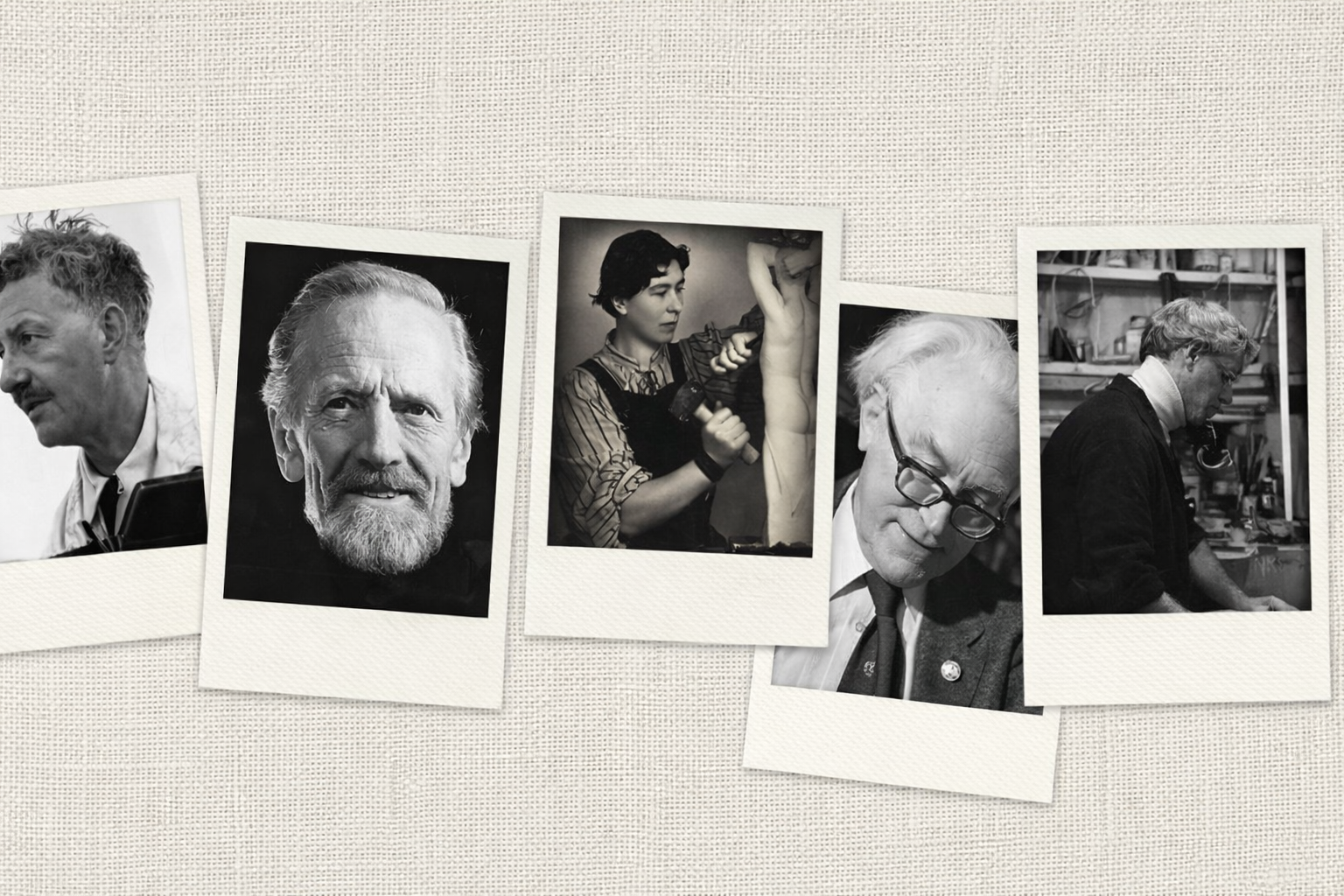 Black and white photographs of various people, some in professional or artistic settings, displayed on a textured surface.
