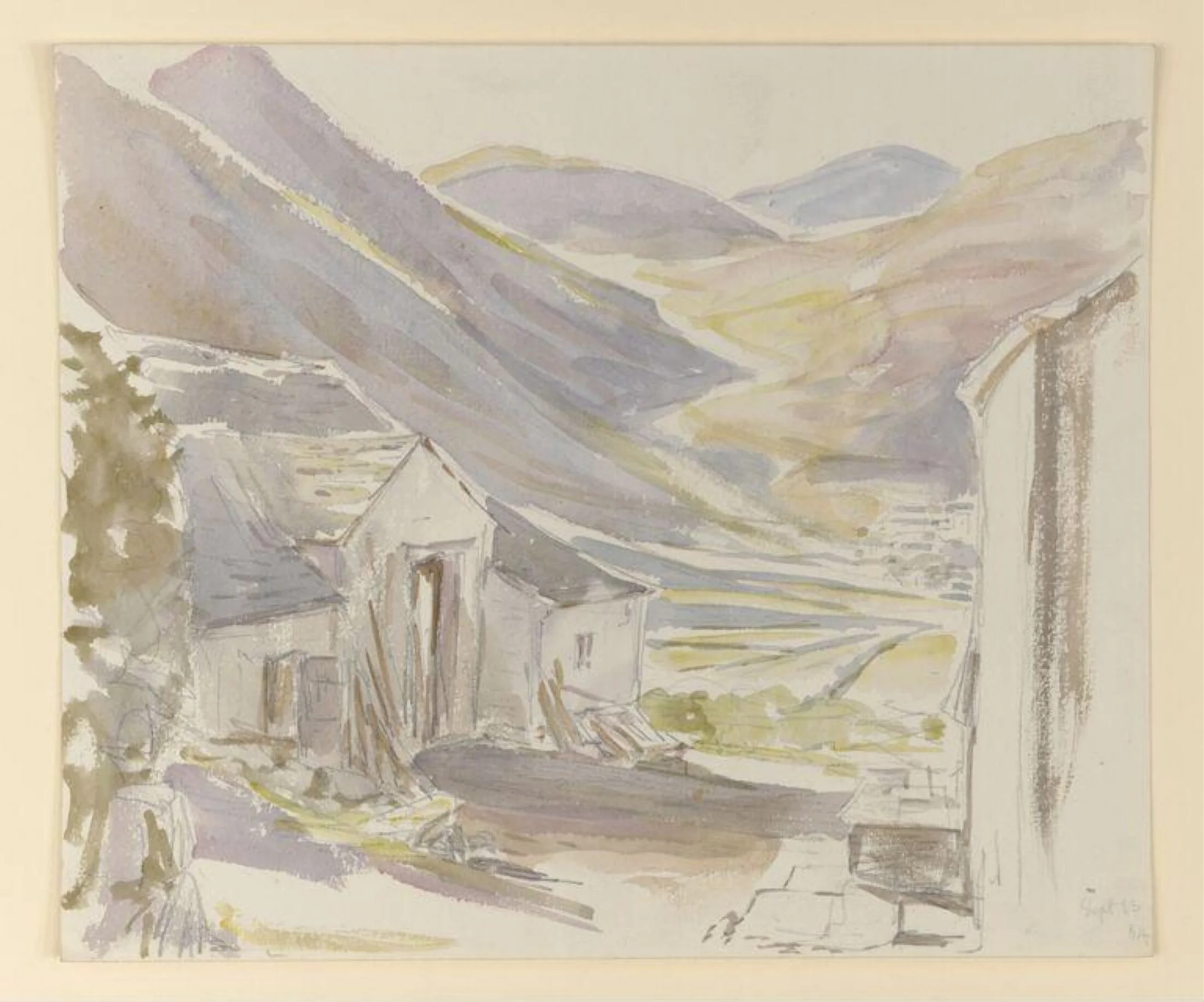 A watercolor painting depicting a rural mountain landscape with rolling hills, a few small buildings, and trees, using muted pastel colors.