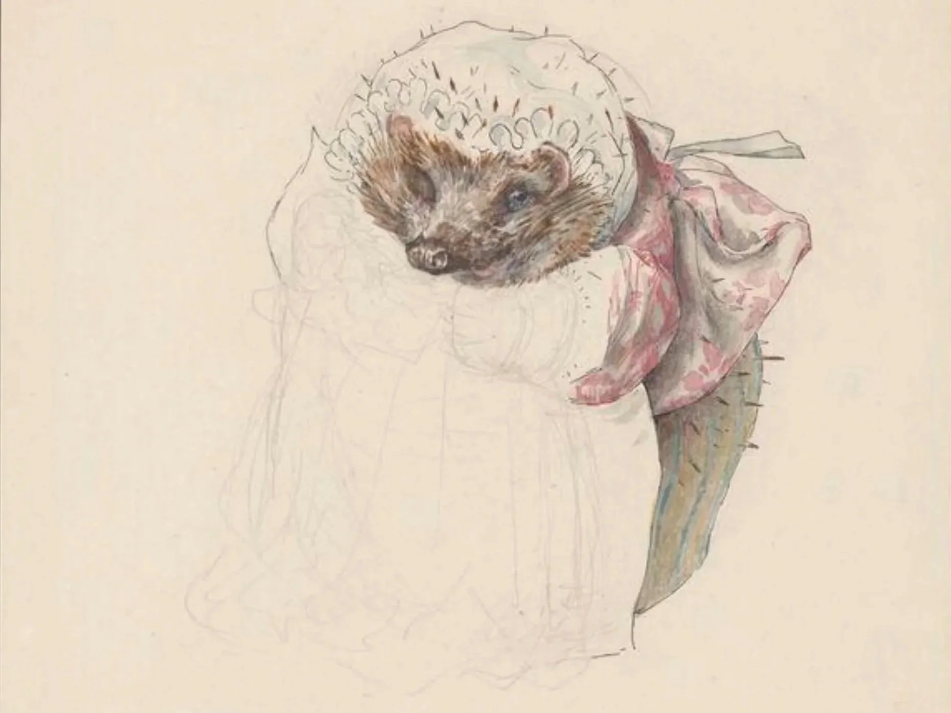 A detailed illustration of a small mole with a realistic face, lying on a vintage style pillow and draped with a patterned cloth.