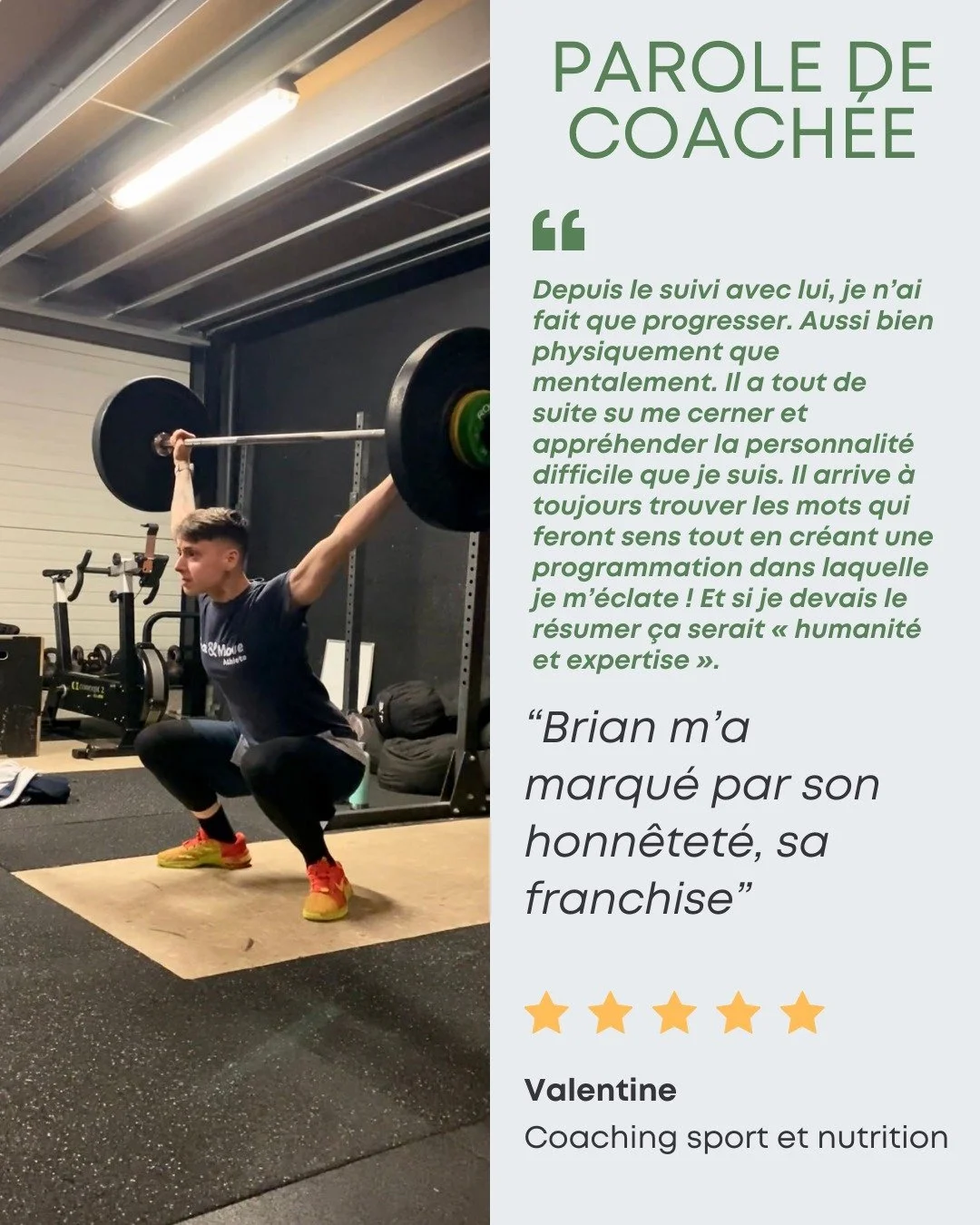💬 Parole de coachée @valentine.crossfit 
Je m’appelle Valentine, j’ai 24 ans et j’ai connu Brian alors qu’il était coach dans mon ancienne box. 
Ne faisant pas de sport avant, je me suis mise au CrossFit et je