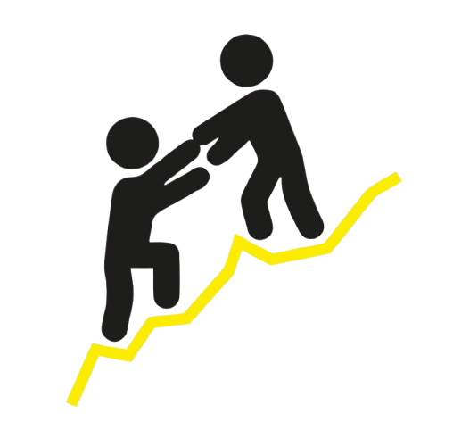 Deux silhouettes noires d'enfants se tenant la main en montant une courbe de graphique ascendante en forme d'escalier, symbolisant la coopération ou la progression.