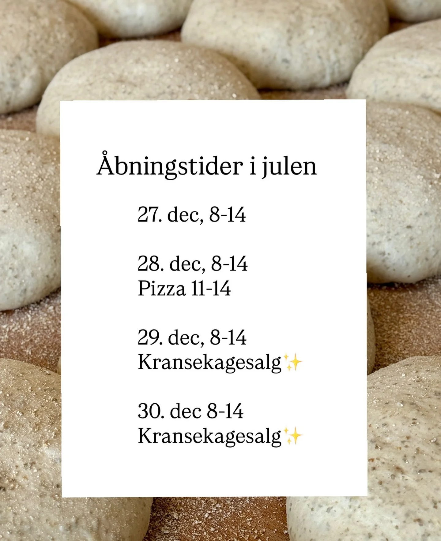 Vi tager lige en slutspurt, inden vi rejser afsted i januar🌞 her er &aring;bningstiderne i julen:
27. dec, 8-14
28. dec, 8-14 (pizza 11-14)
29. dec, 8-14 (kransekagesalg) 
30. dec, 8-14 (kransekagesalg) 

Vi afholder f&aring; pizzakurser i januar, s