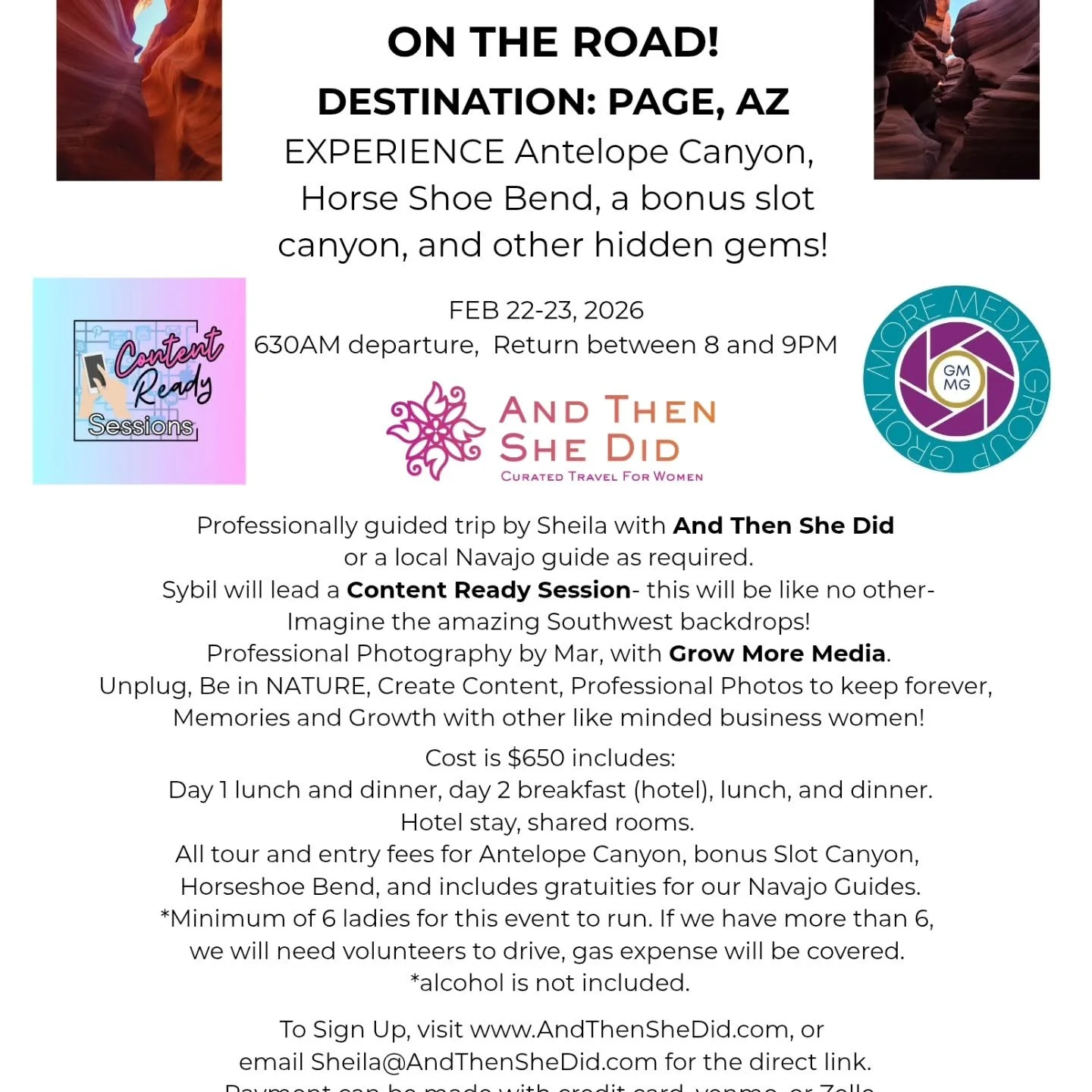 Ladies!! I'm Sheila- and I'm part of a collab with two of my The Women 360 networking sisters! We've planned an awesome overnight trip to Page, where we'll have Sybil hosting a Content Ready Session on the Road!  The fabulous Mar will be photographin