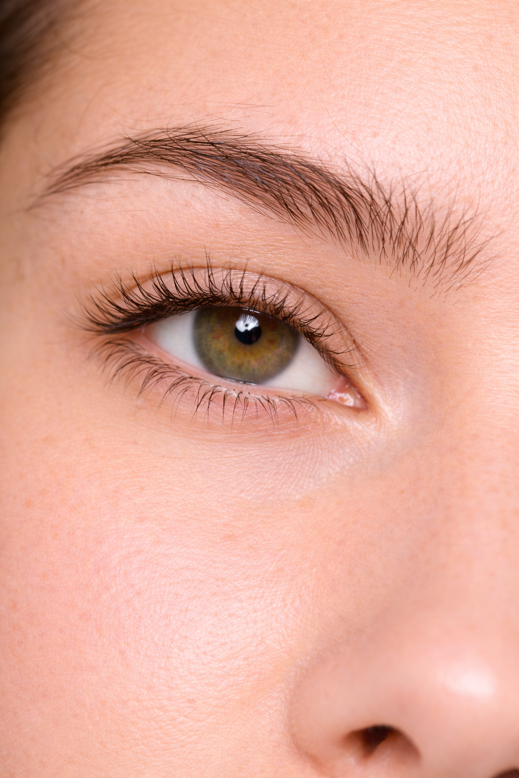 Close-up van een menselijk oog met bruine iris en lange wimpers.