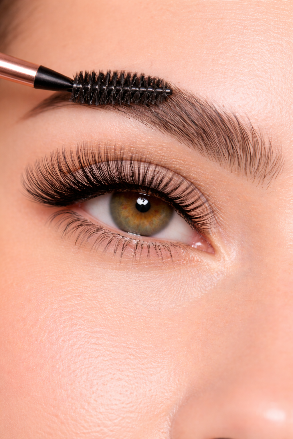 Close-up van een vrouwelijk oog met make-up, terwijl iemand wimperverlenging op de onderste wimpers aanbrengt.