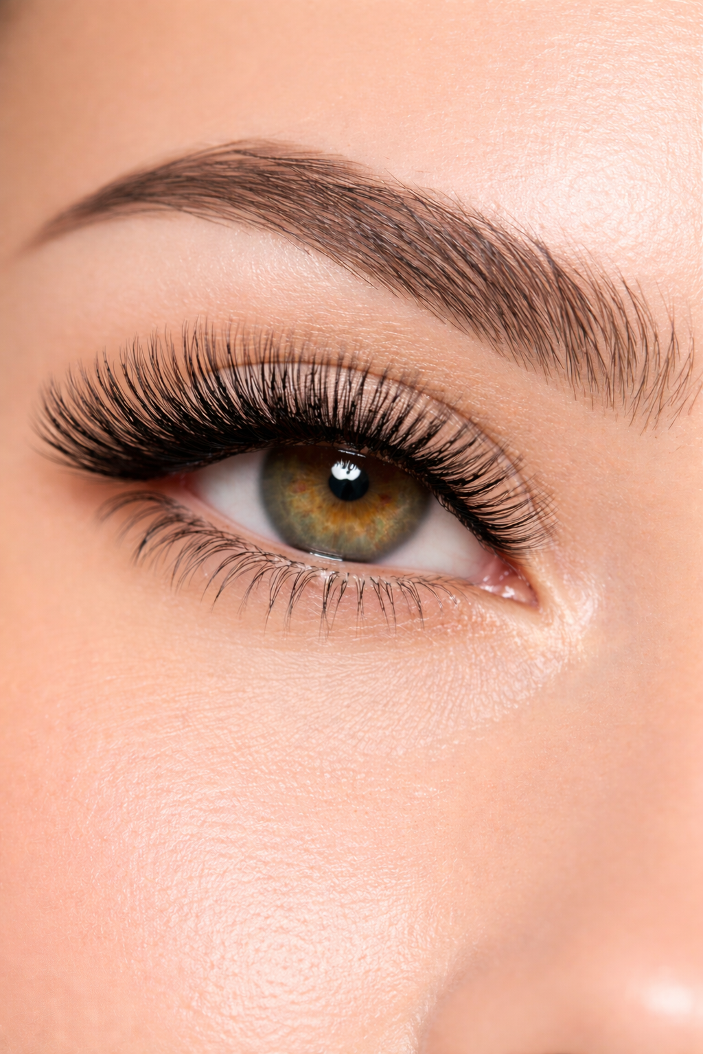 Close-up van een oog met make-up en wimpers.