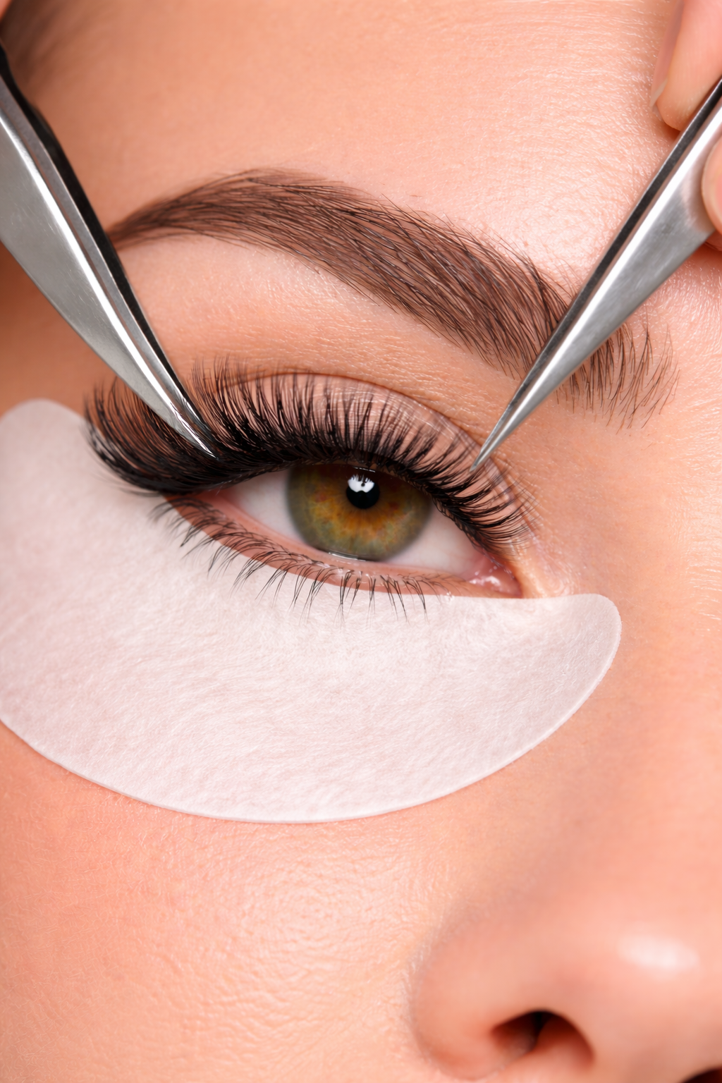 Close-up van een oog met make-up en wimpers, waarbij iemand met pincetten een wimper toe- of afzet, met onderoogpad en een witte onderoogpadbeschermer.