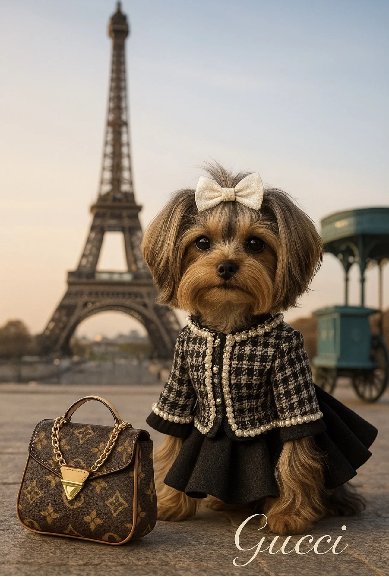 A small dog dressed in a black and white tweed jacket, black skirt, and a beige bow on its head, sitting on a sidewalk in front of the Eiffel Tower. Next to the dog, there is a small designer handbag. The image has the word "Gucci" written at the bottom.