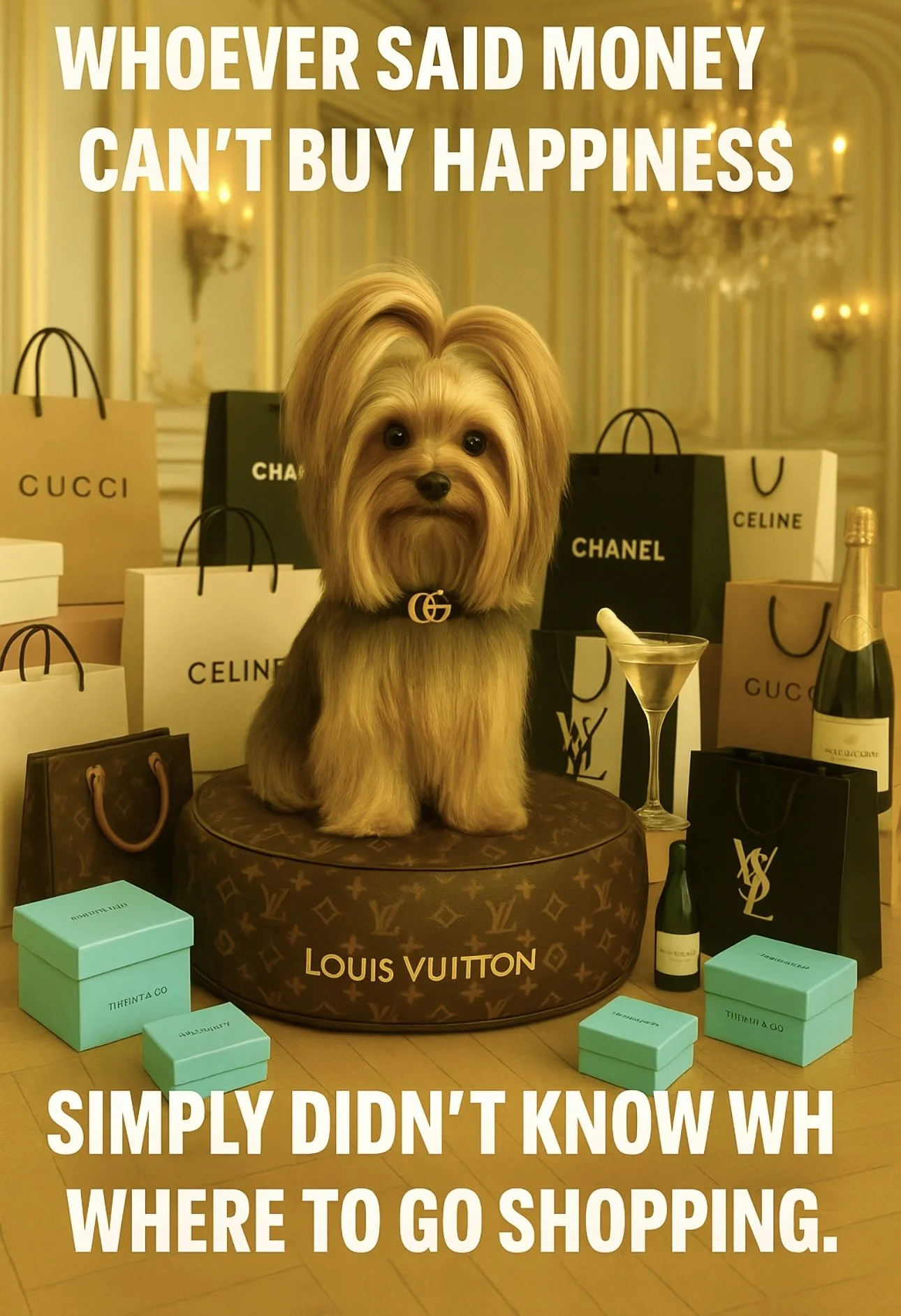 A small dog with long, silky hair sitting on a Louis Vuitton dog bed, surrounded by luxury shopping bags from brands like Gucci, Chanel, Yves Saint Laurent, and Celine, with a bottle of champagne and a glass, in a lavish room. Overlaid text reads, 'Whoever said money can't buy happiness simply didn't know where to go shopping.'