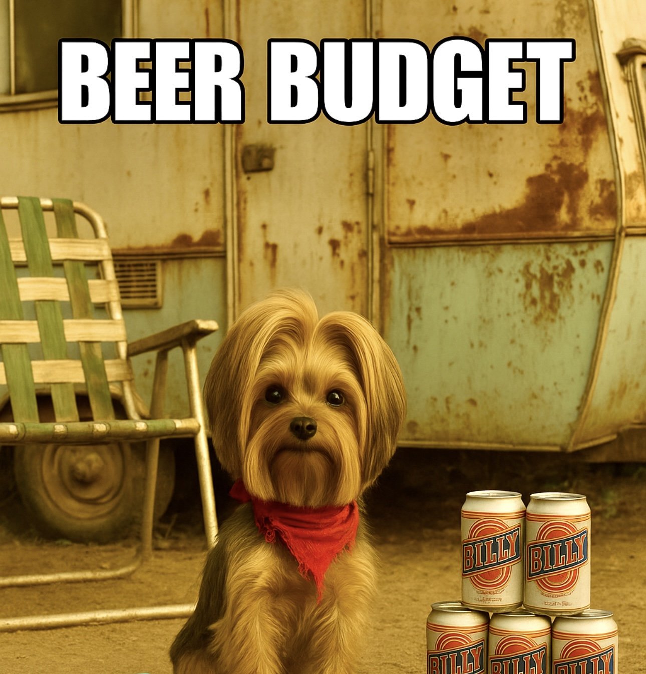 A small dog wearing a red bandana sitting in front of a stack of BILLY soda cans, with a weathered metal trailer and outdoor chair in the background, under text that reads 'BEER BUDGET'.