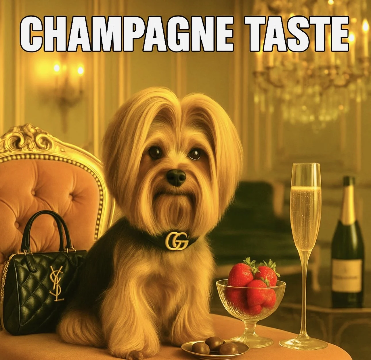 A small dog with long, blonde fur sitting on a plush, vintage-style pink chair in a luxurious room with gold decor. The dog wears a black collar with a gold