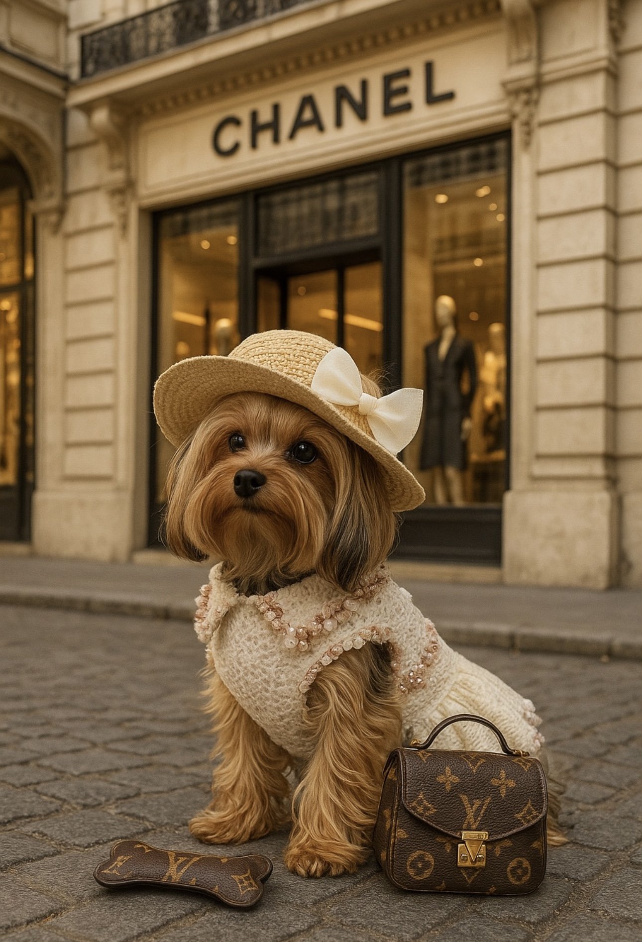 A small dog dressed in a cream-colored coat with pearl embellishments, wearing a beige sun hat with a white bow, sitting in front of a Chanel store. The dog has a Louis Vuitton bag and keychain nearby on the cobblestone street.