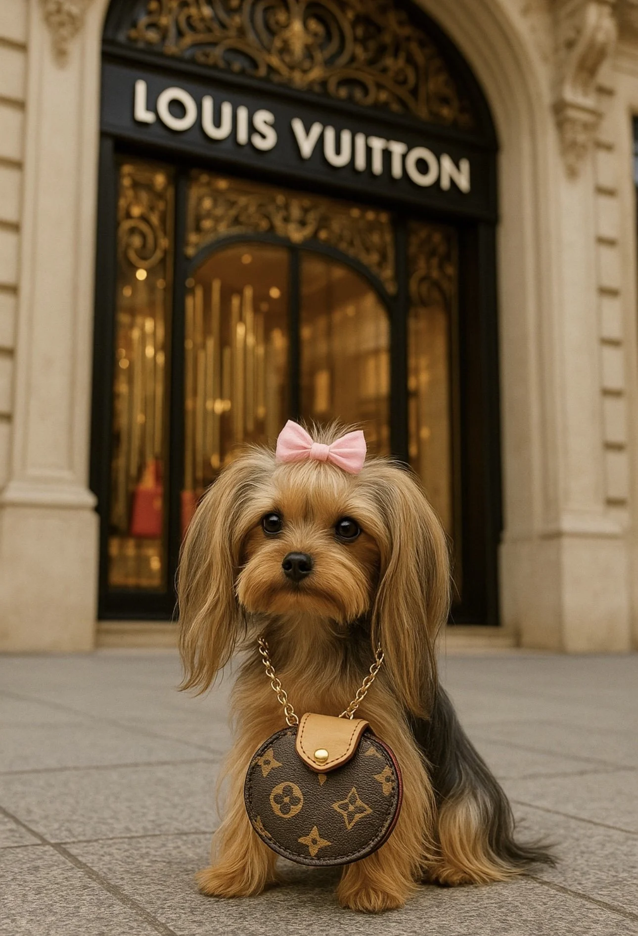 A cute Yorkshire Terrier dog wearing a pink bow on its head, a Louis Vuitton purse around its neck, standing on a city sidewalk in front of a Louis Vuitton store with ornate architecture.