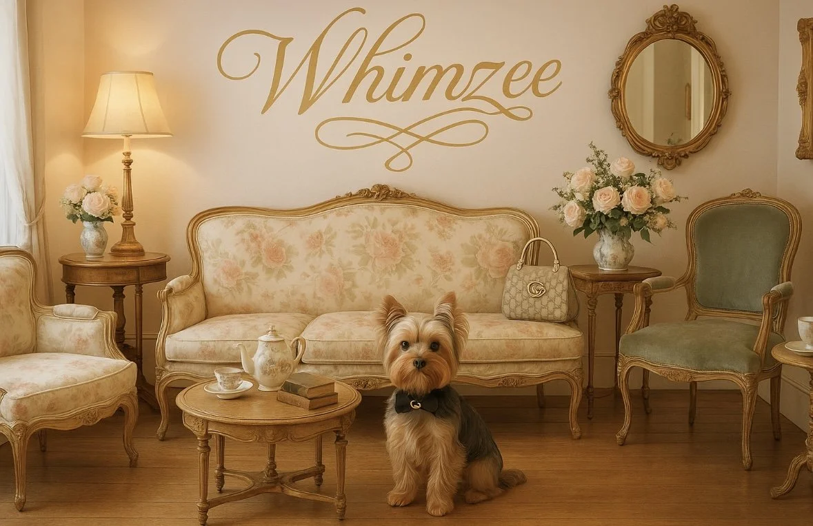 A small Yorkshire Terrier dog sits on a wooden floor in front of a vintage-style cream and pink floral sofa in a cozy living room. The room features gold-framed mirrors, matching chairs, a lamp, vases with pink roses, and a Guccissima purse on the so