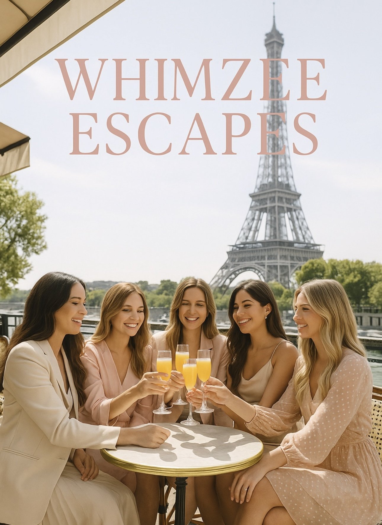 Group of five women sitting at a cafe table outside, enjoying drinks with the Eiffel Tower in the background.