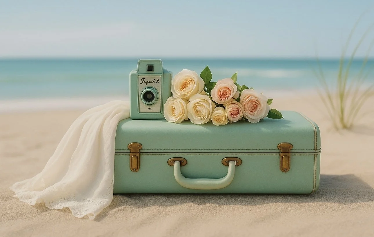 A vintage light blue suitcase with brass hardware on a sandy beach, decorated with a bunch of white and pink roses, a cream-colored scarf, and an old-fashioned camera, with the ocean and sky in the background.