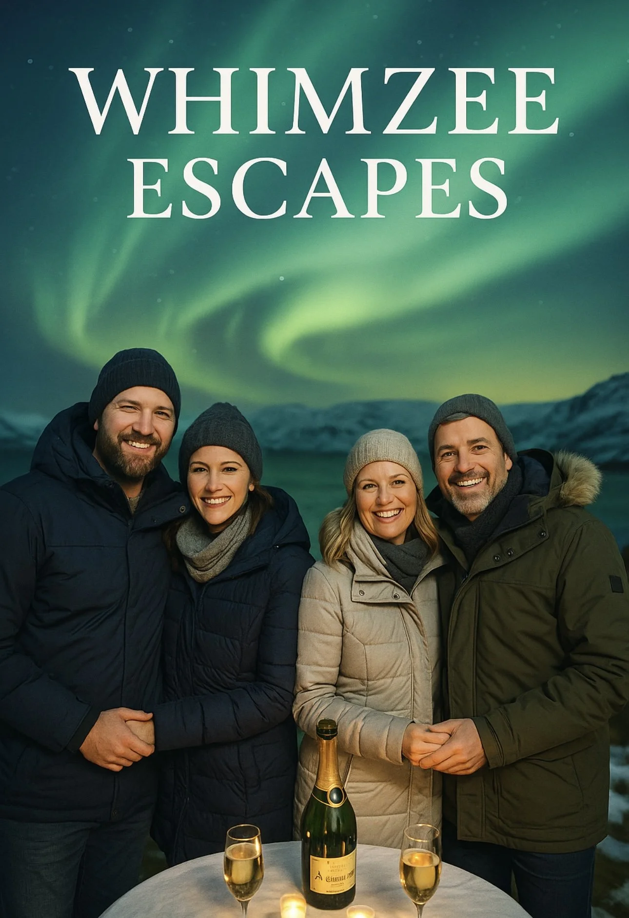 A group of four smiling people in warm winter clothing celebrating outdoors at night, with a backdrop of northern lights and mountains. There is a table with a bottle of champagne and glasses.