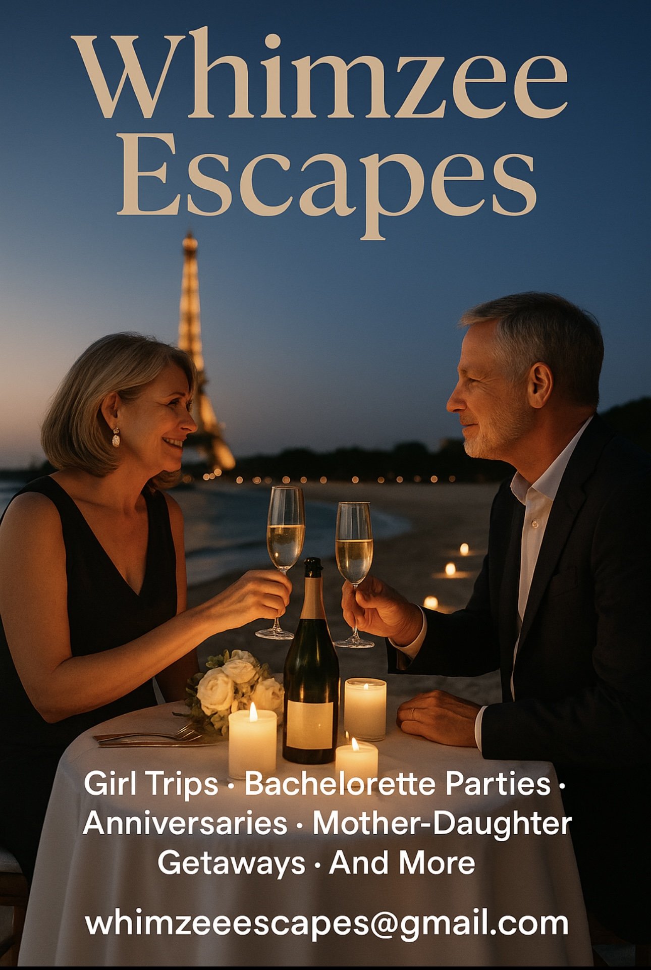 A middle-aged couple having a romantic dinner outdoors at night with candles and champagne, with the Eiffel Tower in the background.